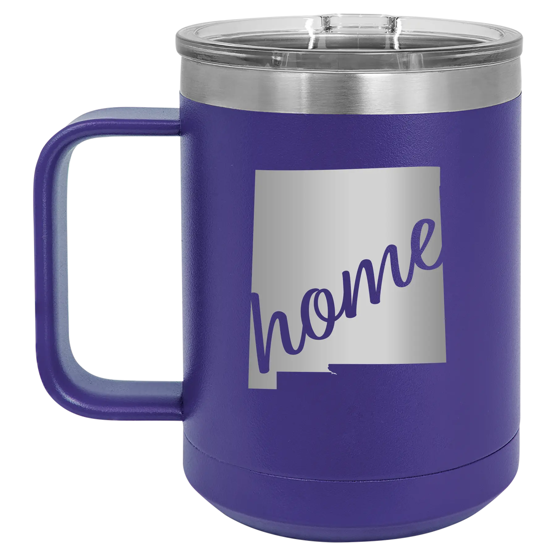 Laser etched purple 15 oz vacuum insulated coffee mug with 'New Mexico home' design