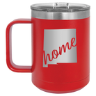 Laser etched red 15 oz vacuum insulated coffee mug with 'New Mexico home' design