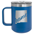 Laser etched royal blue 15 oz vacuum insulated coffee mug with 'New Mexico home' design