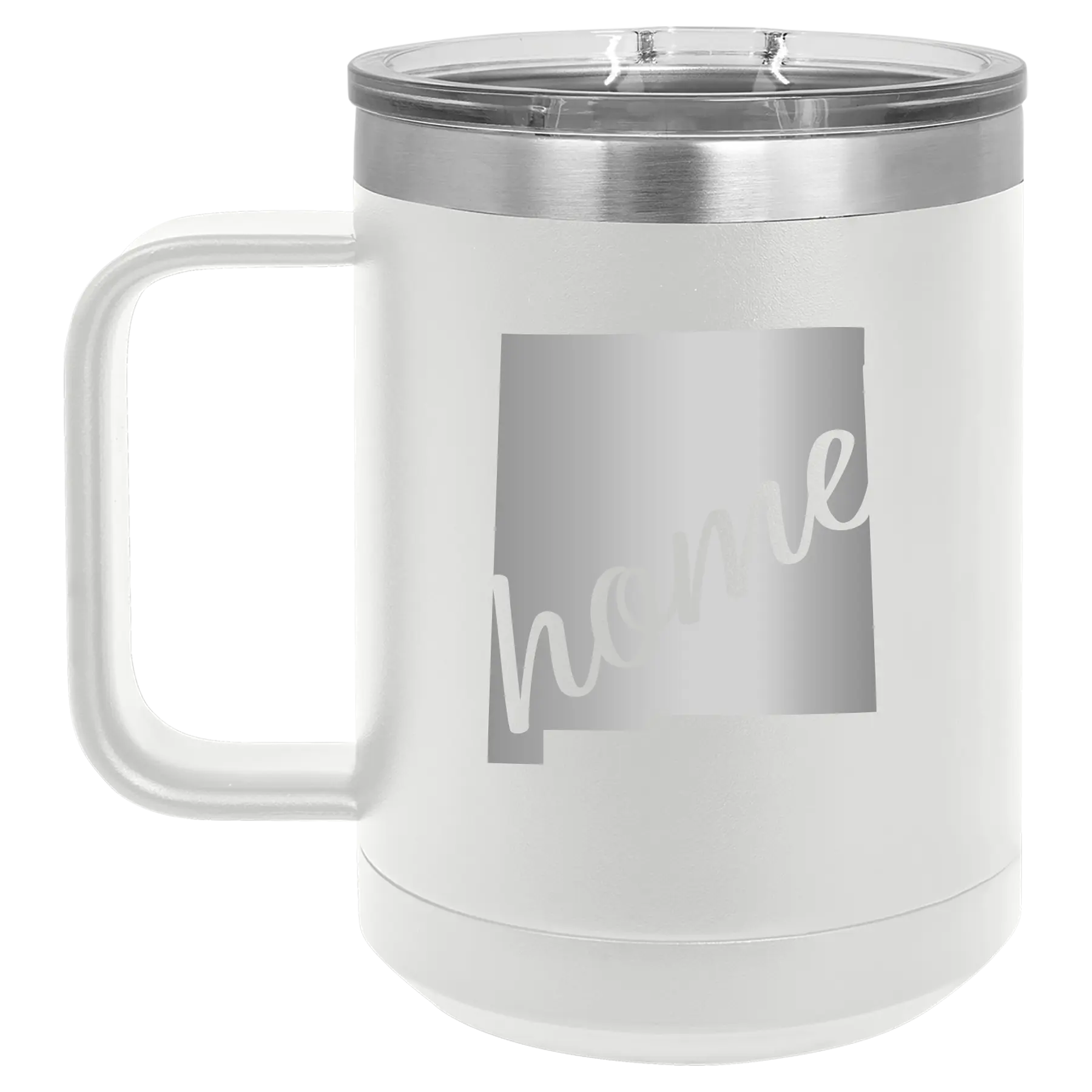 Laser etched white 15 oz vacuum insulated coffee mug with 'New Mexico home' design