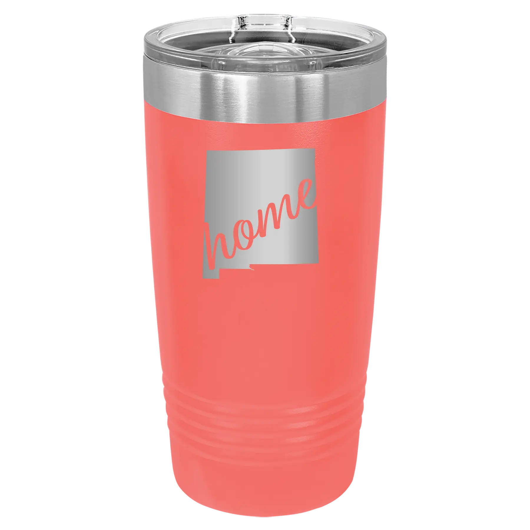 Laser etched coral 20 oz vacuum insulated tumbler with 'New Mexico home' design