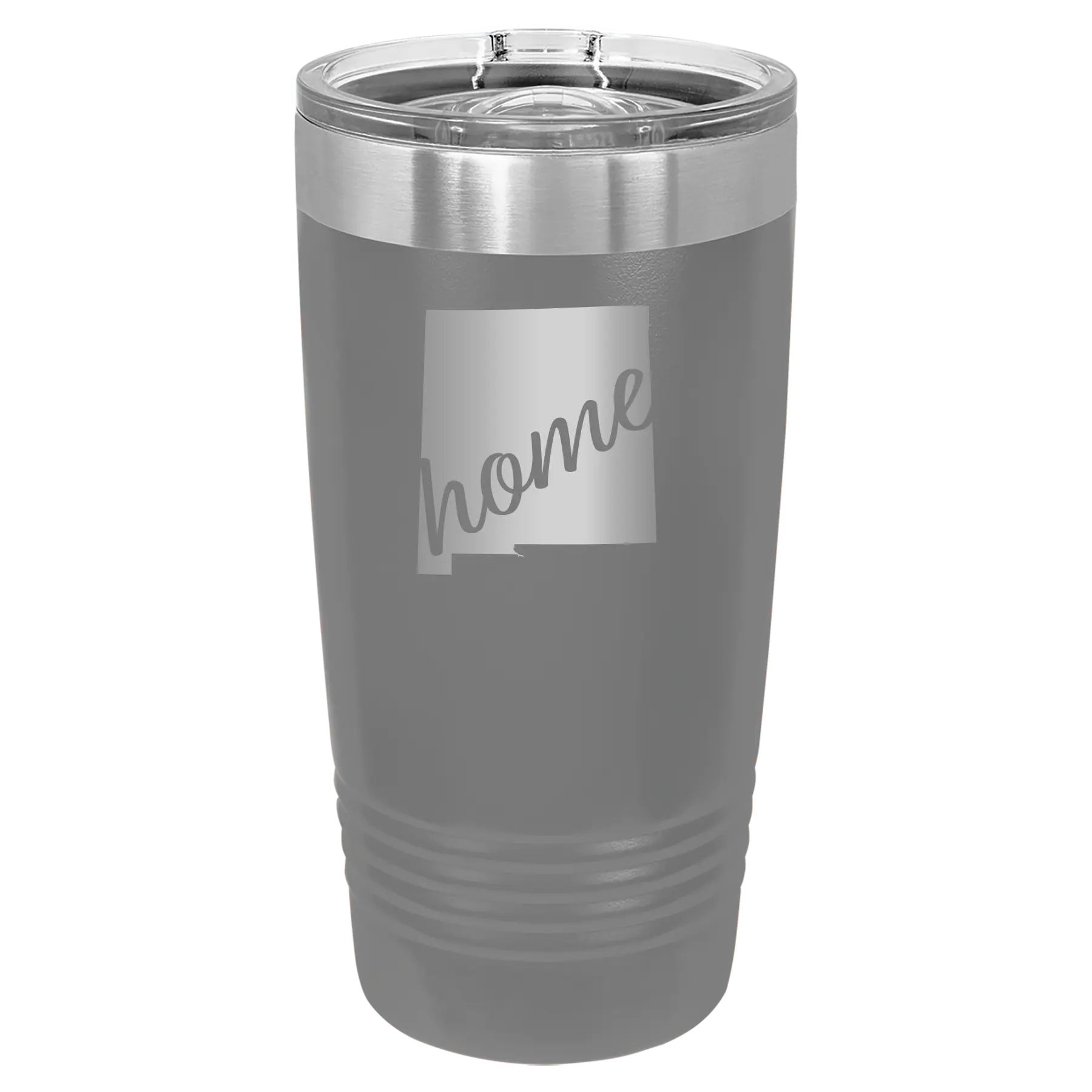 Laser etched dark gray 20 oz vacuum insulated tumbler with 'New Mexico home' design