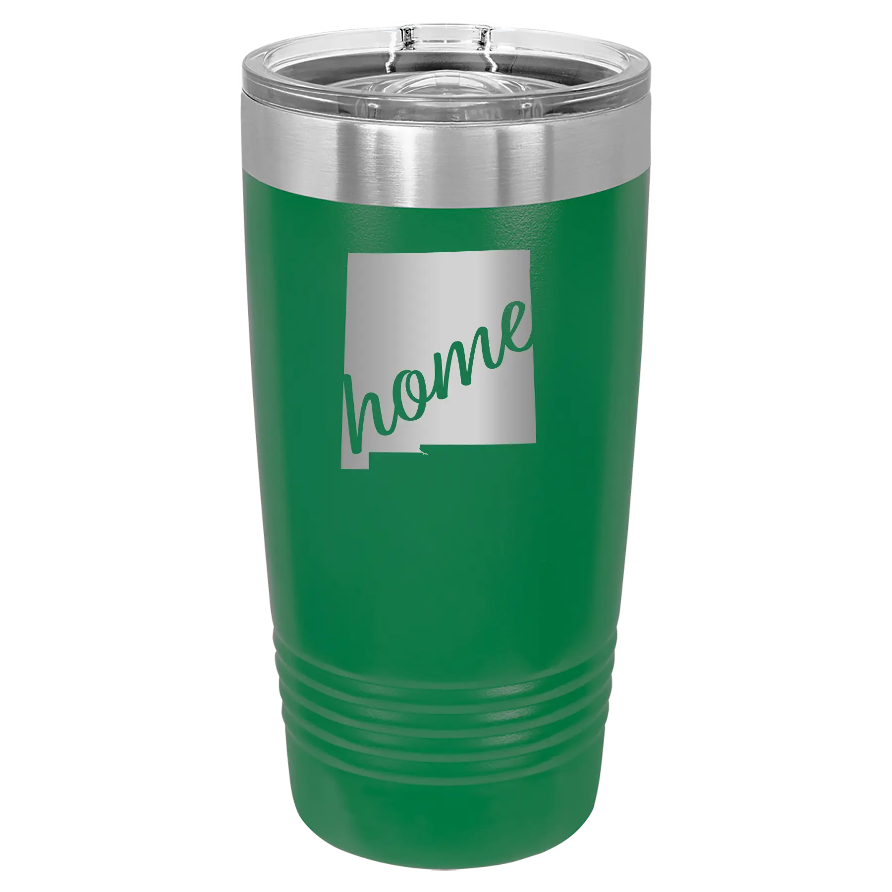 Laser etched green 20 oz vacuum insulated tumbler with 'New Mexico home' design
