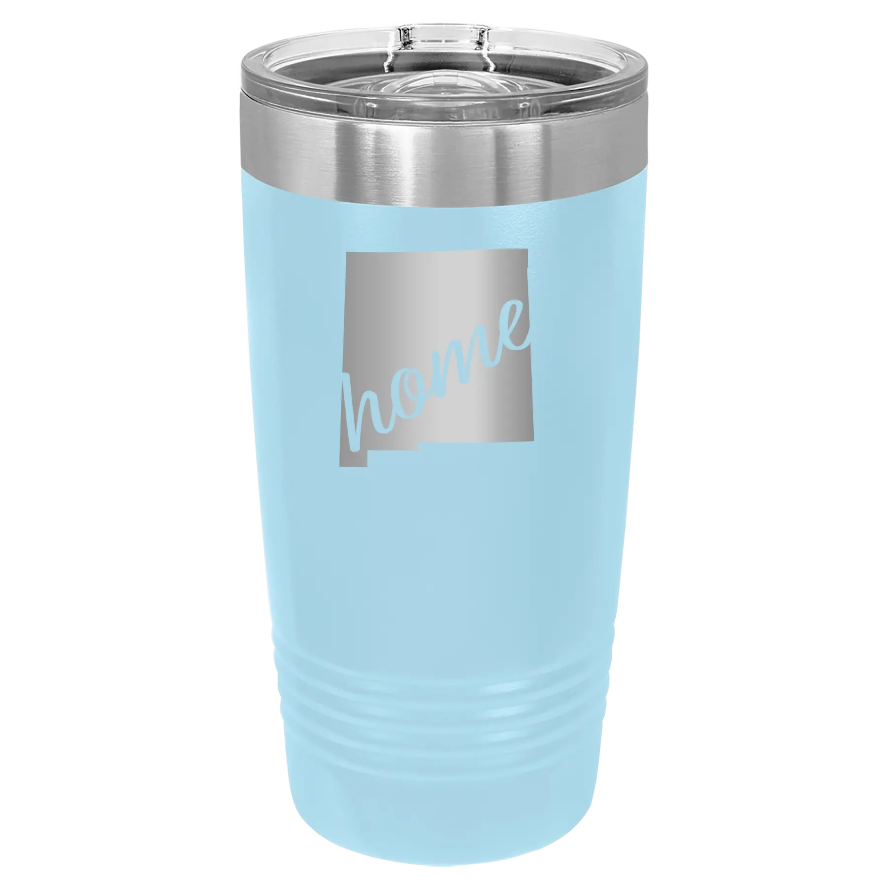 Laser etched light blue 20 oz vacuum insulated tumbler with 'New Mexico home' design