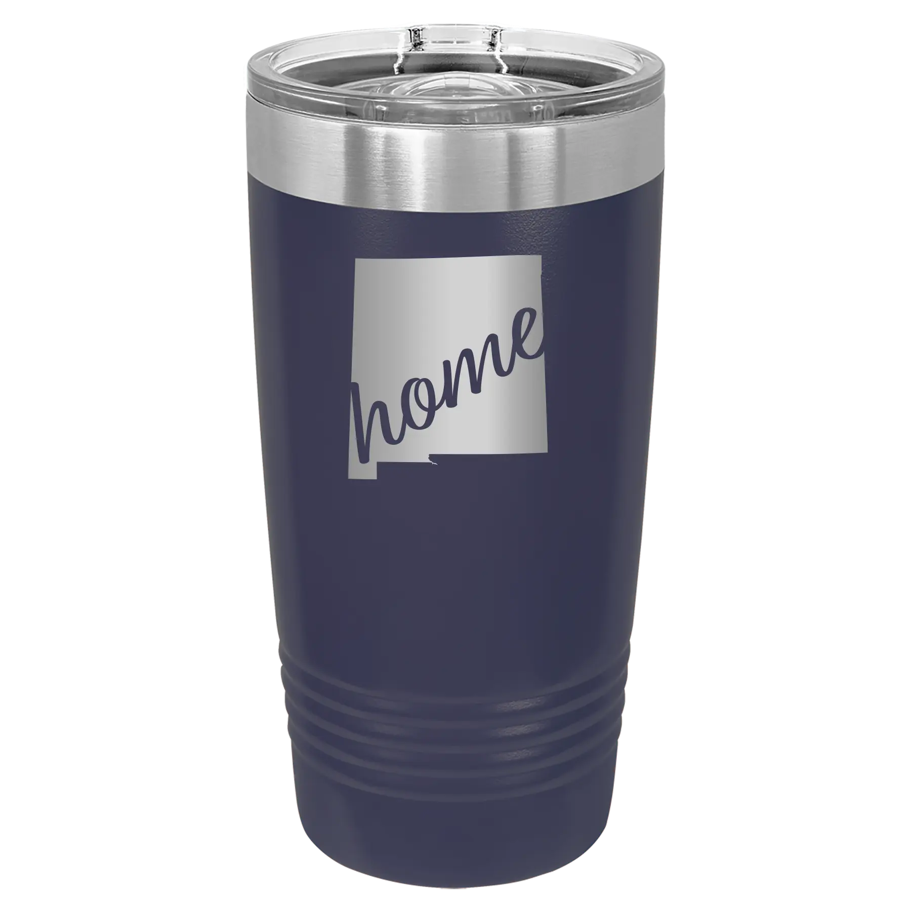 Laser etched navy 20 oz vacuum insulated tumbler with 'New Mexico home' design