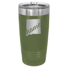 Laser etched olive green 20 oz vacuum insulated tumbler with 'New Mexico home' design