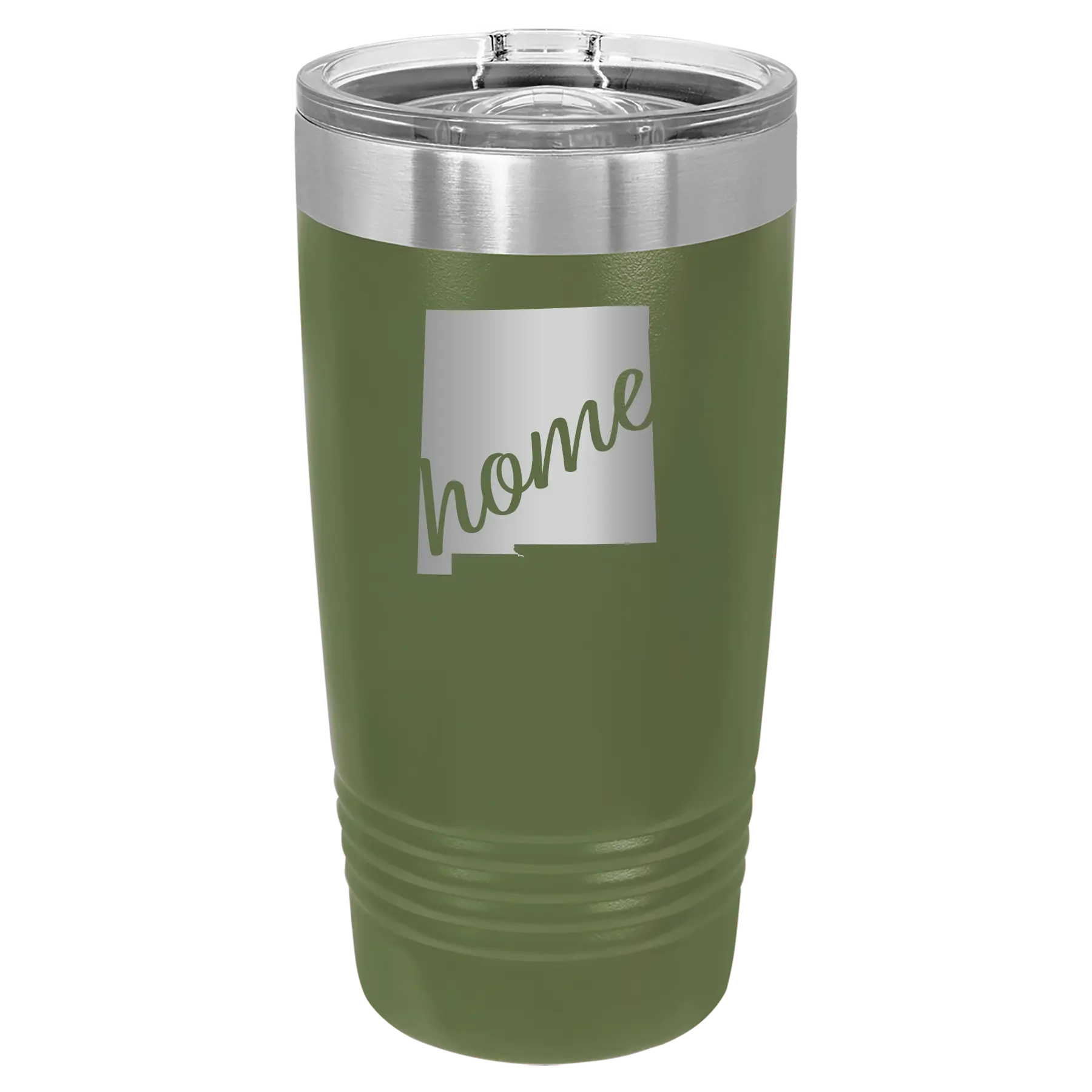 Laser etched olive green 20 oz vacuum insulated tumbler with 'New Mexico home' design