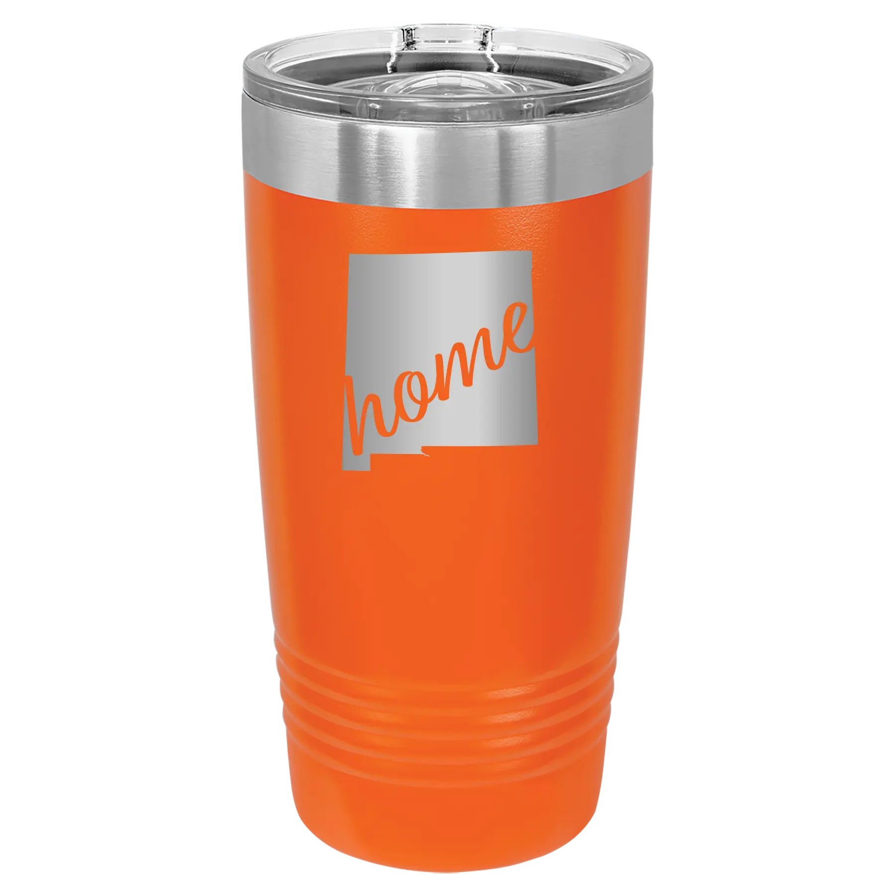 Laser etched orange 20 oz vacuum insulated tumbler with 'New Mexico home' design