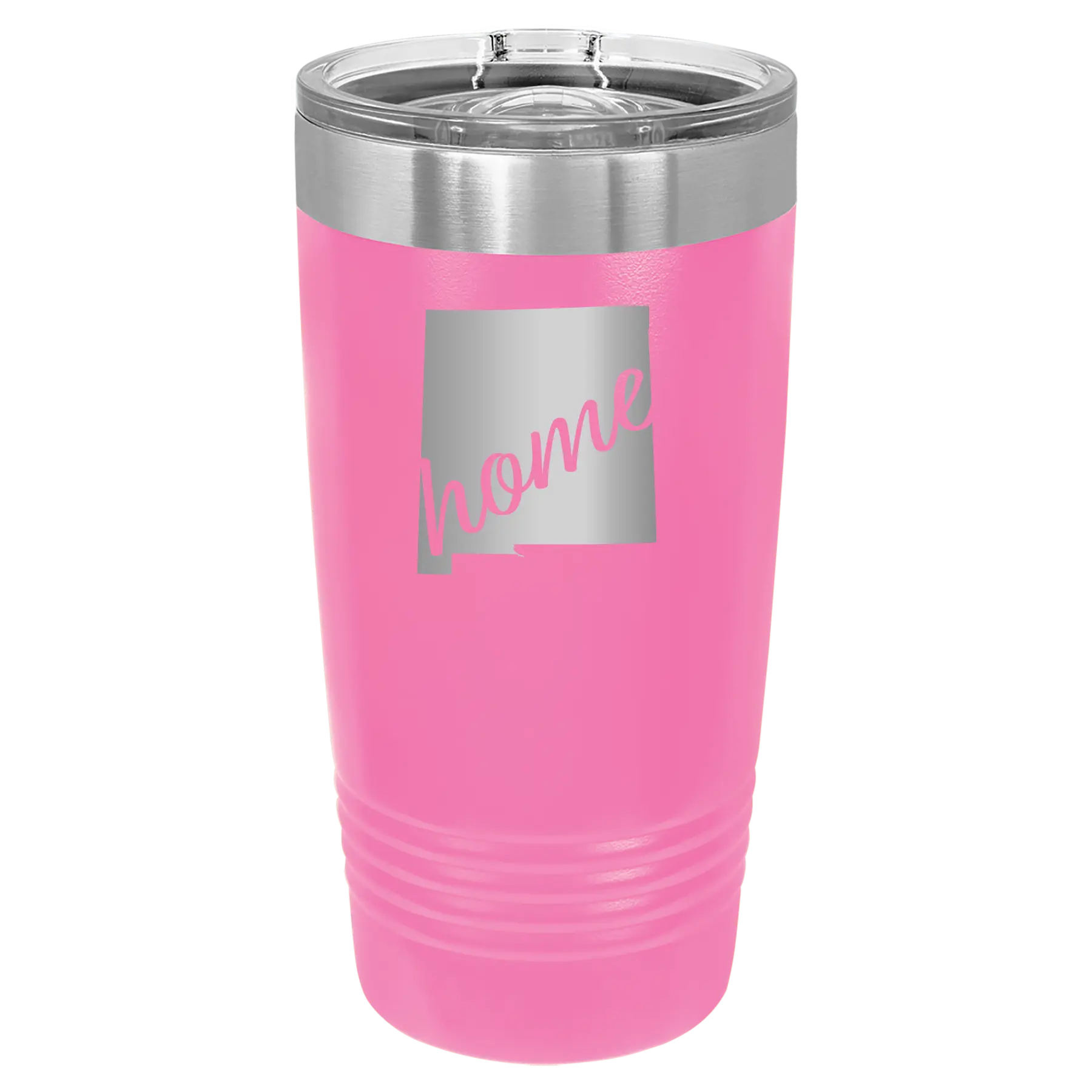 Laser etched pink 20 oz vacuum insulated tumbler with 'New Mexico home' design