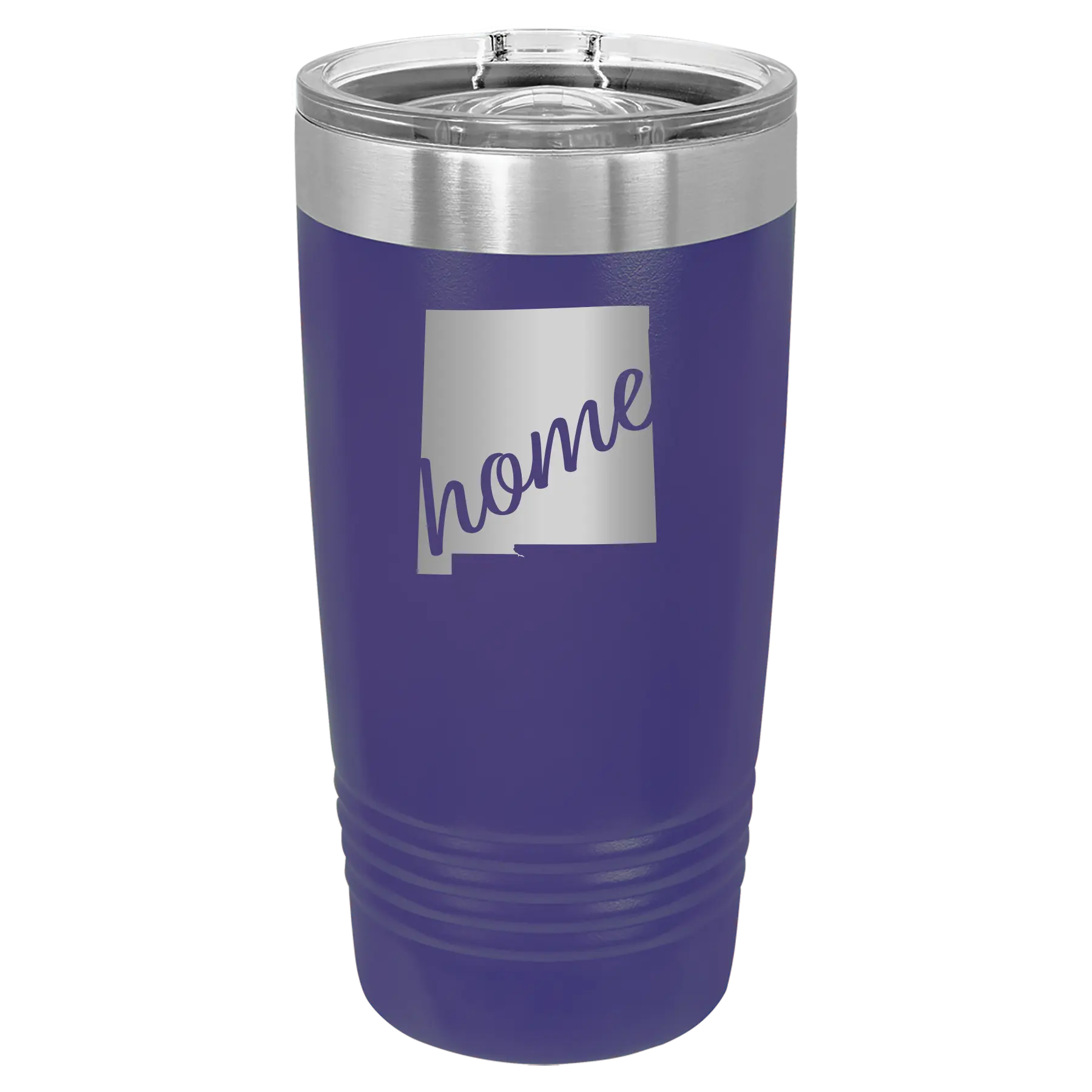 Laser etched purple 20 oz vacuum insulated tumbler with 'New Mexico home' design