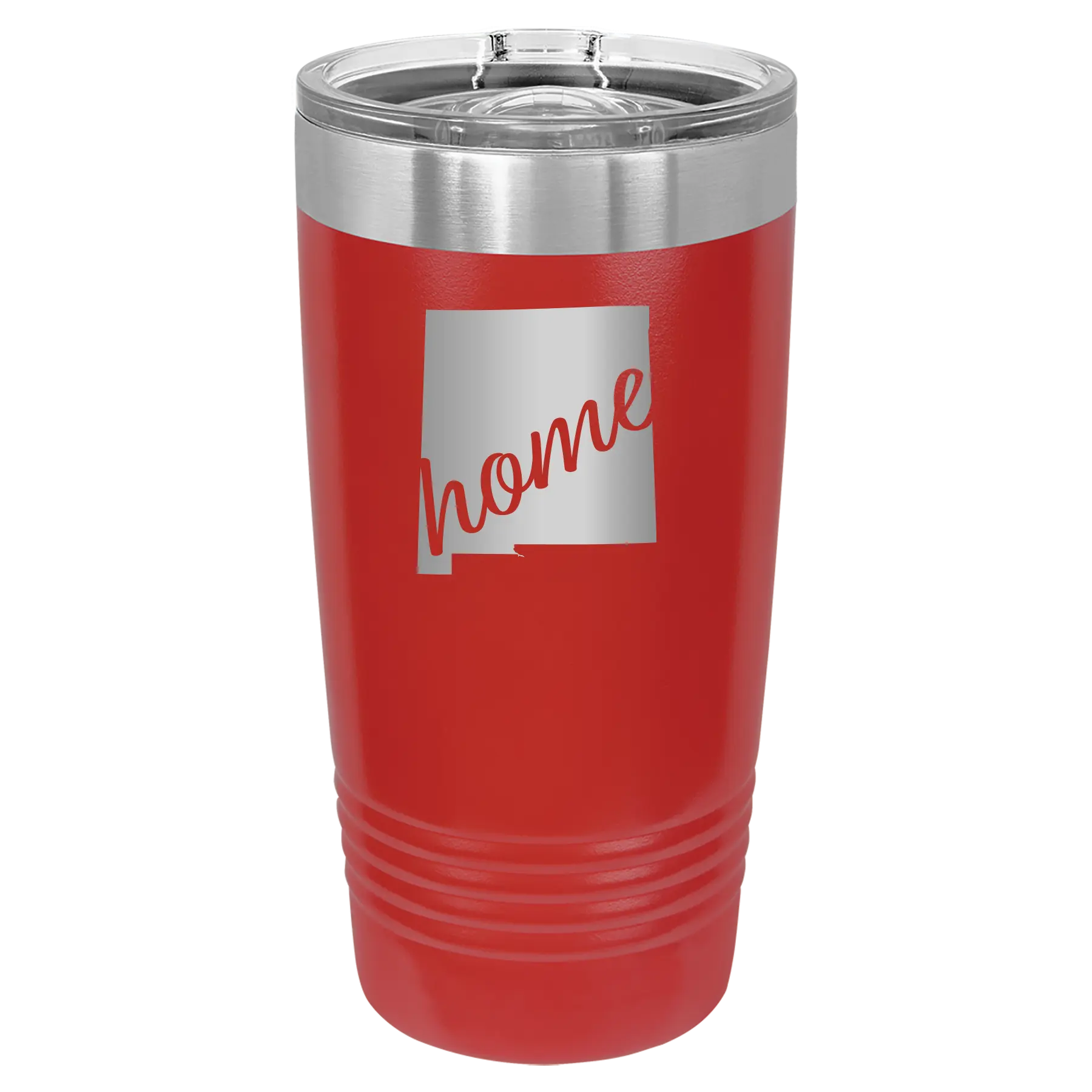 Laser etched red 20 oz vacuum insulated tumbler with 'New Mexico home' design