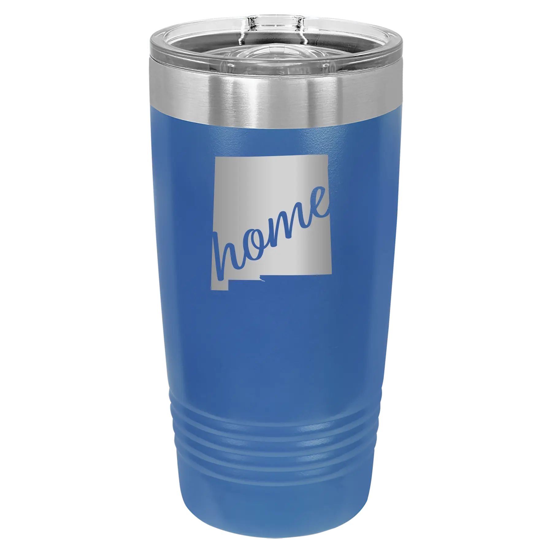 Laser etched royal blue 20 oz vacuum insulated tumbler with 'New Mexico home' design