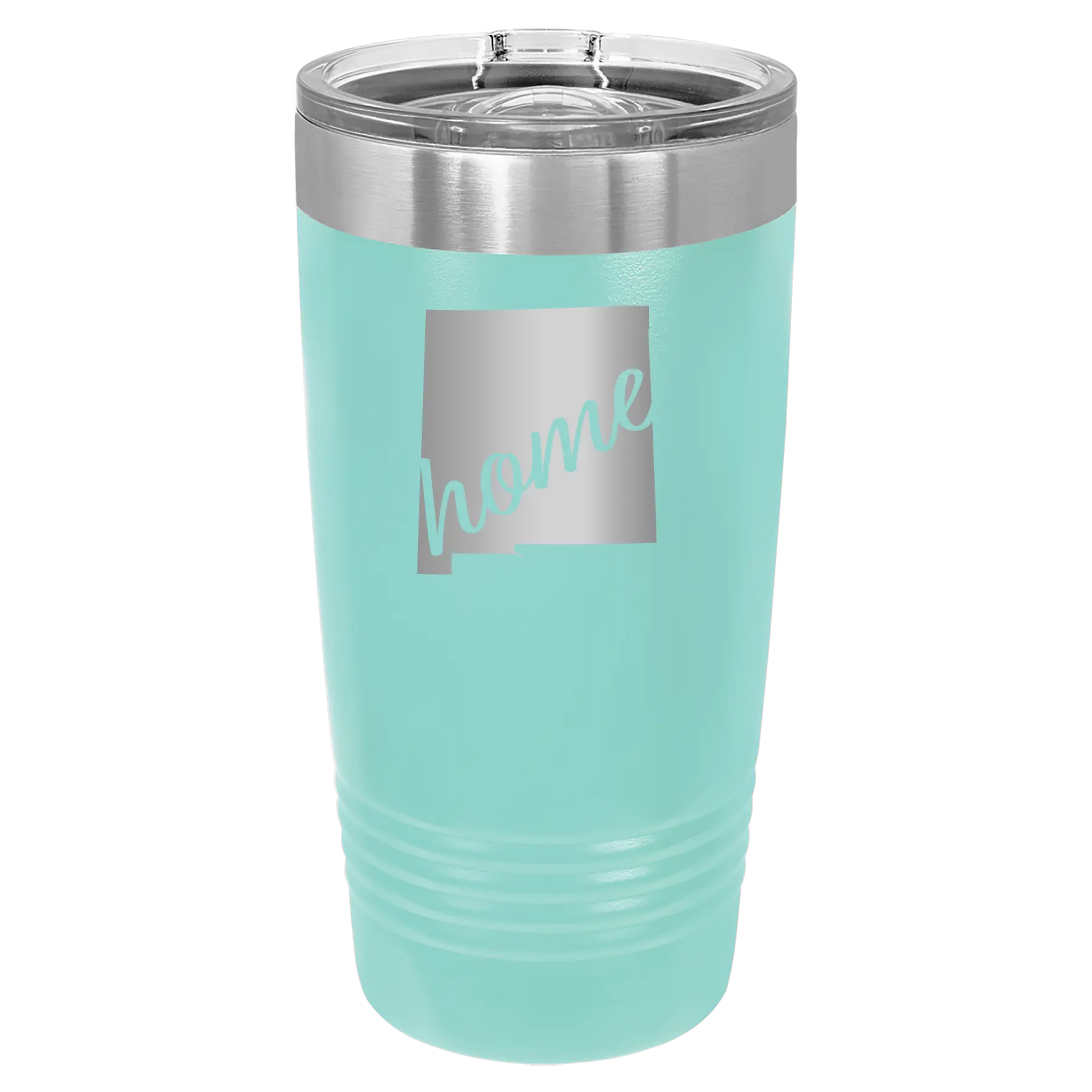 Laser etched teal 20 oz vacuum insulated tumbler with 'New Mexico home' design