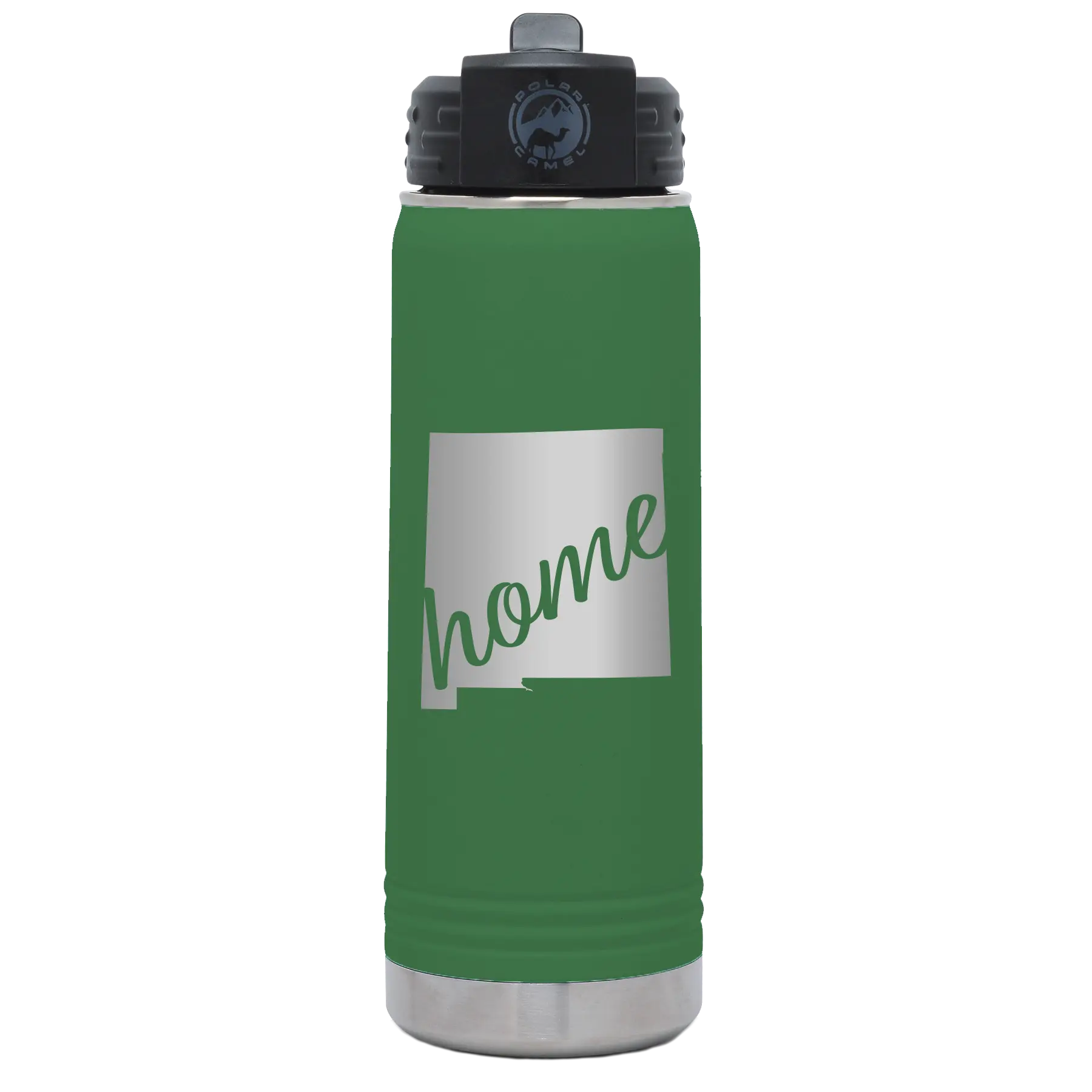 Laser etched green 20 oz vacuum insulated water bottle with 'New Mexico home' design