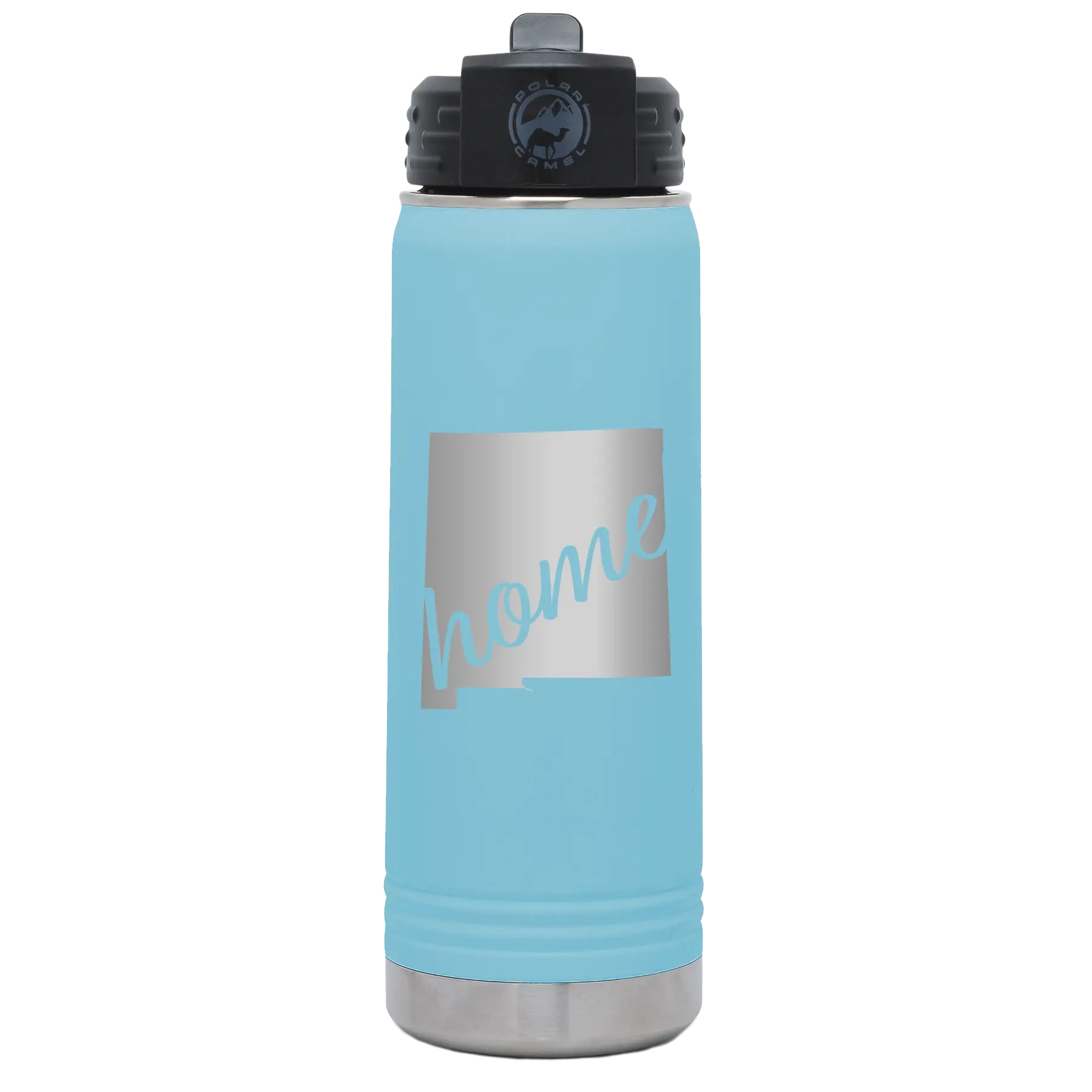 Laser etched light blue 20 oz vacuum insulated water bottle with 'New Mexico home' design