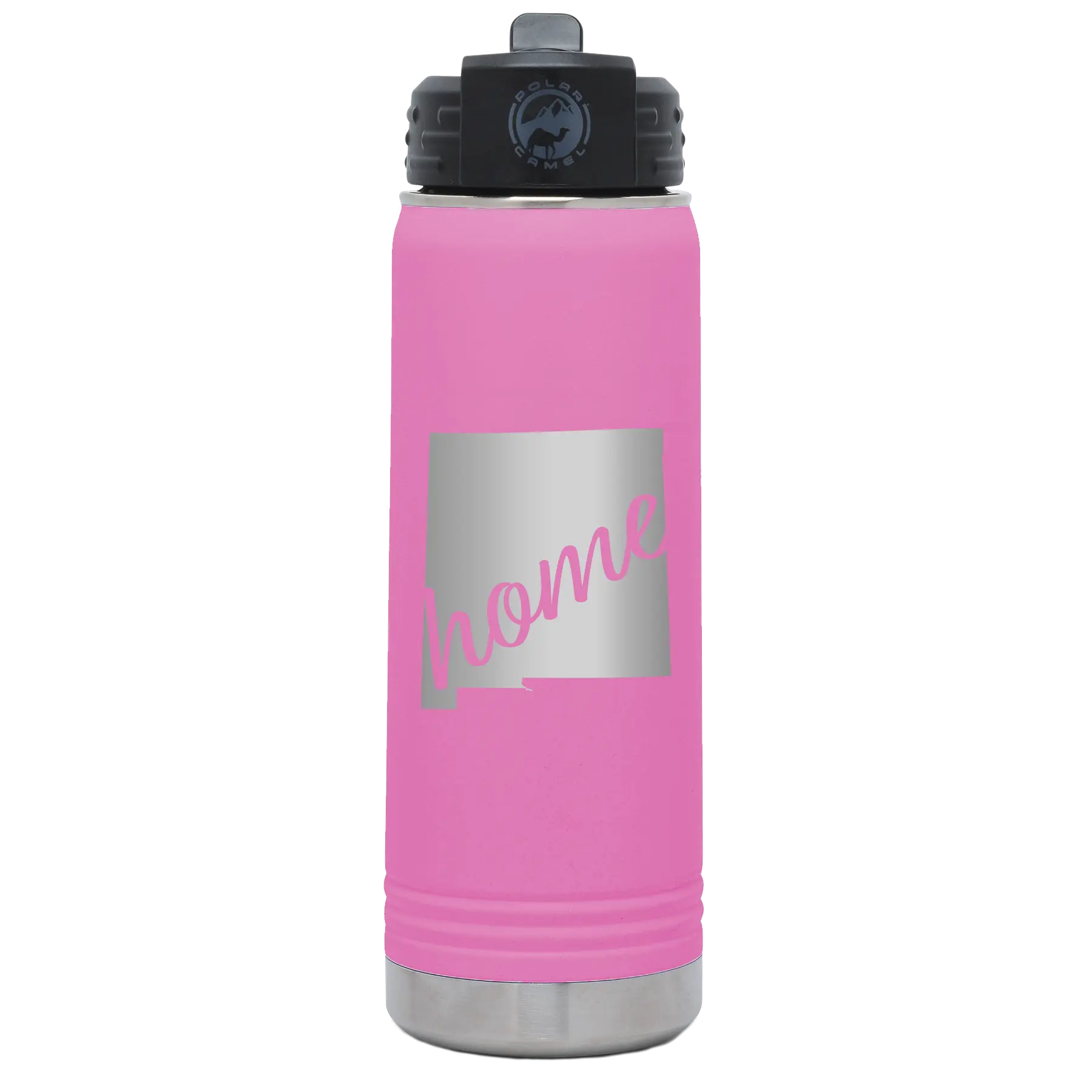 Laser etched light purple 20 oz vacuum insulated water bottle with 'New Mexico home' design