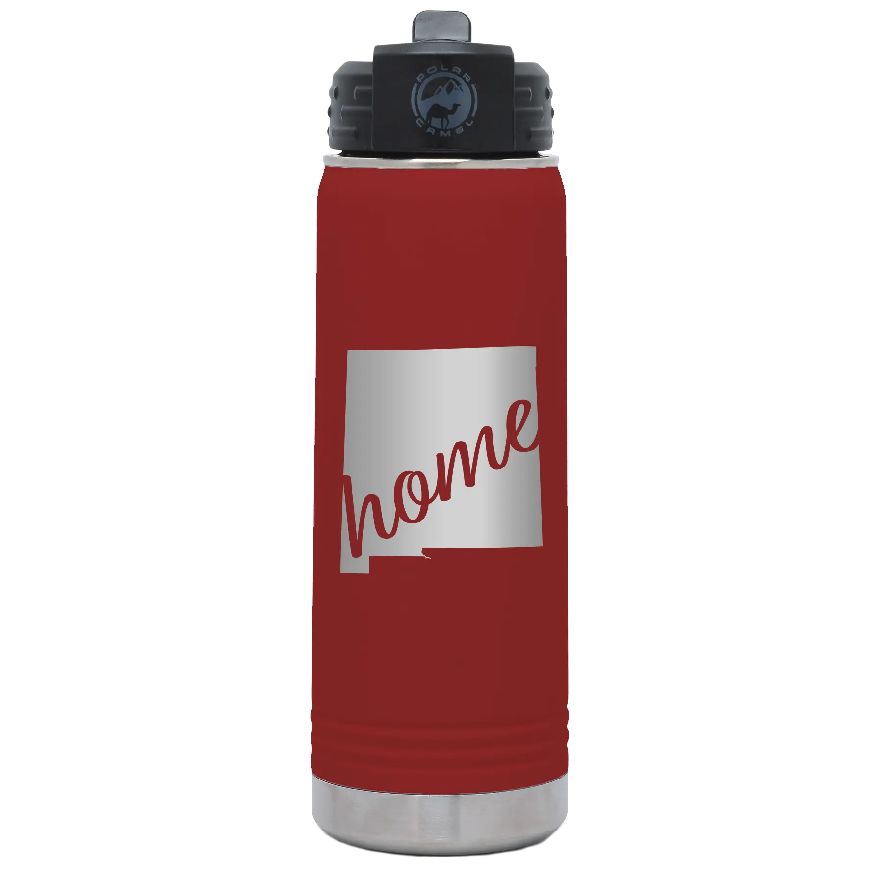 Laser etched maroon 20 oz vacuum insulated water bottle with 'New Mexico home' design