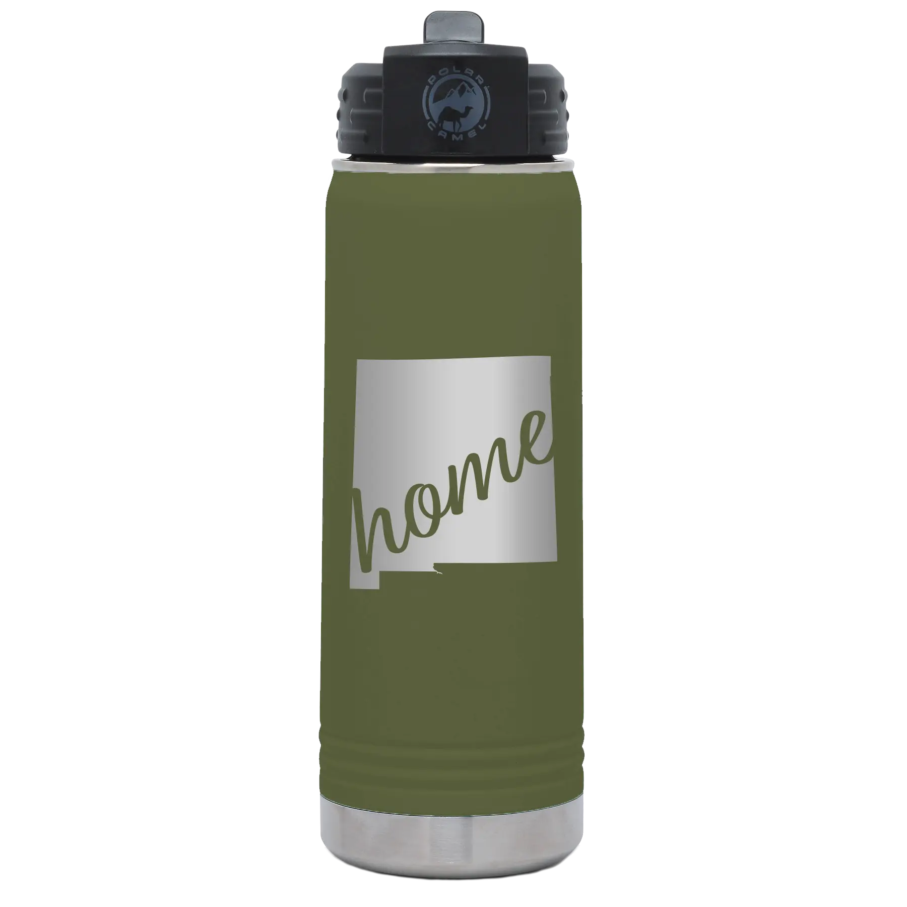 Laser etched olive green 20 oz vacuum insulated water bottle with 'New Mexico home' design