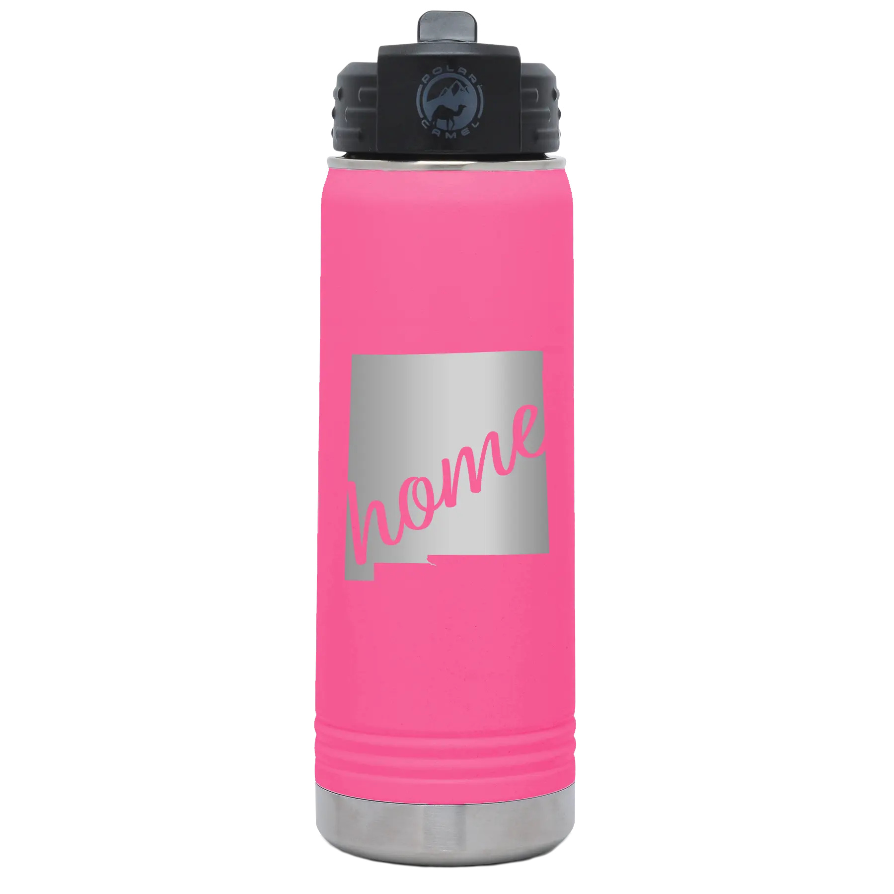 Laser etched pink 20 oz vacuum insulated water bottle with 'New Mexico home' design