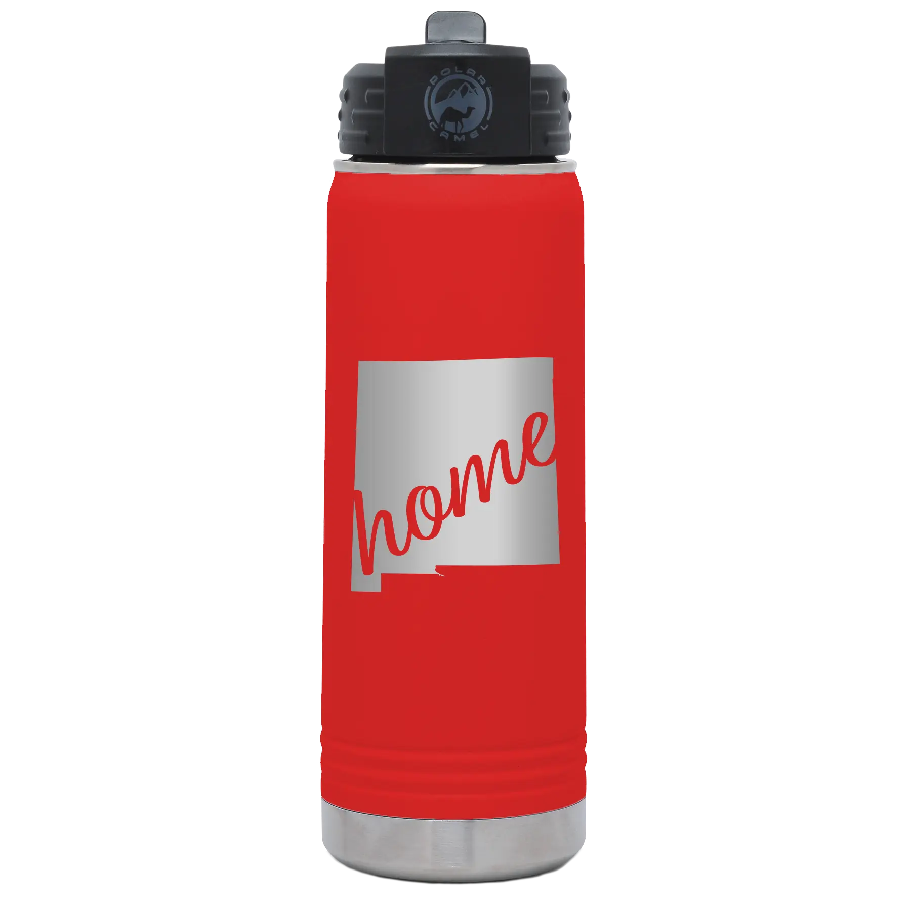Laser etched red 20 oz vacuum insulated water bottle with 'New Mexico home' design