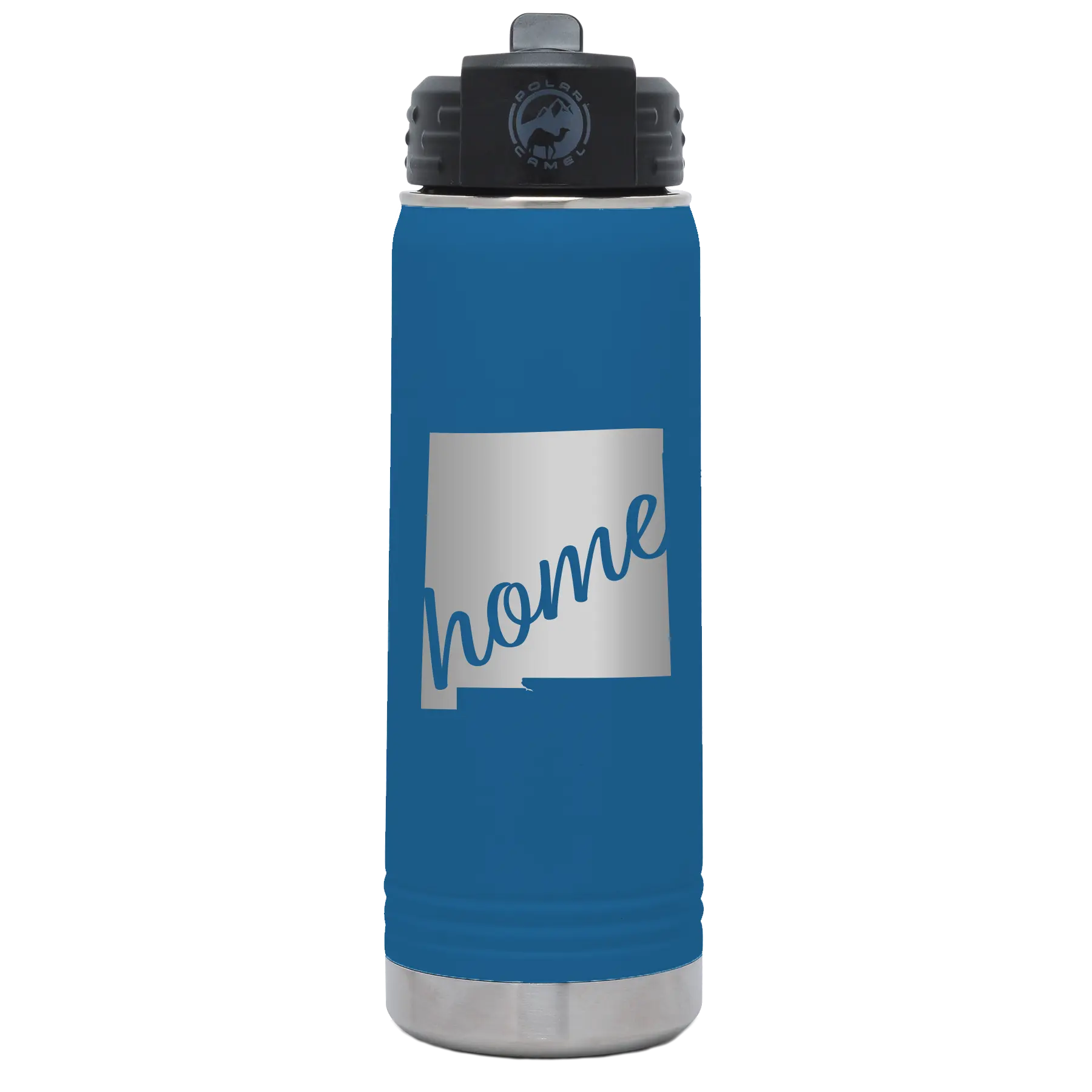 Laser etched royal blue 20 oz vacuum insulated water bottle with 'New Mexico home' design
