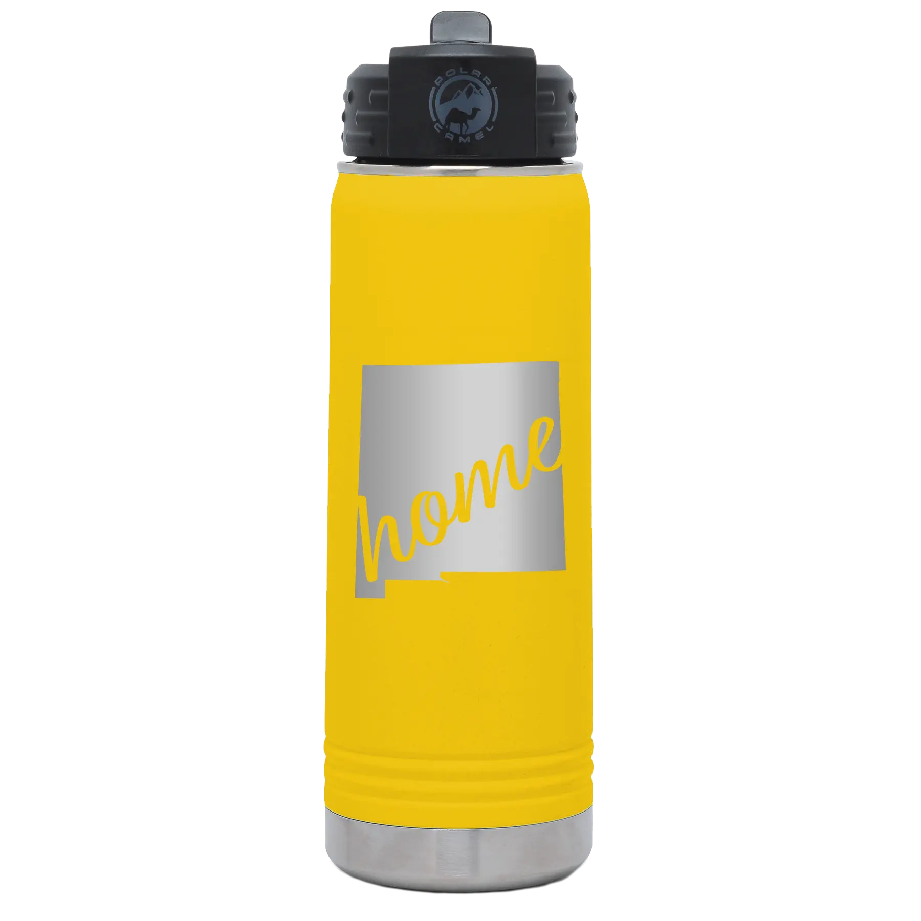 Laser etched yellow 20 oz vacuum insulated water bottle with 'New Mexico home' design