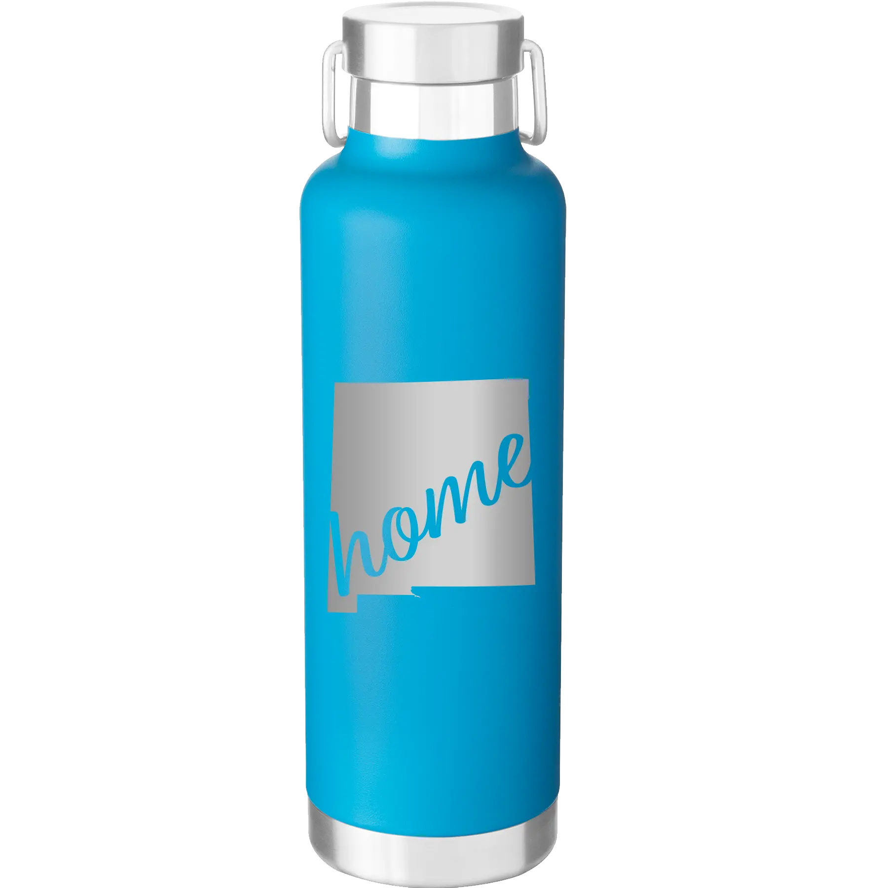 Laser etched aqua 24 oz vacuum insulated water bottle with 'New Mexico home' design