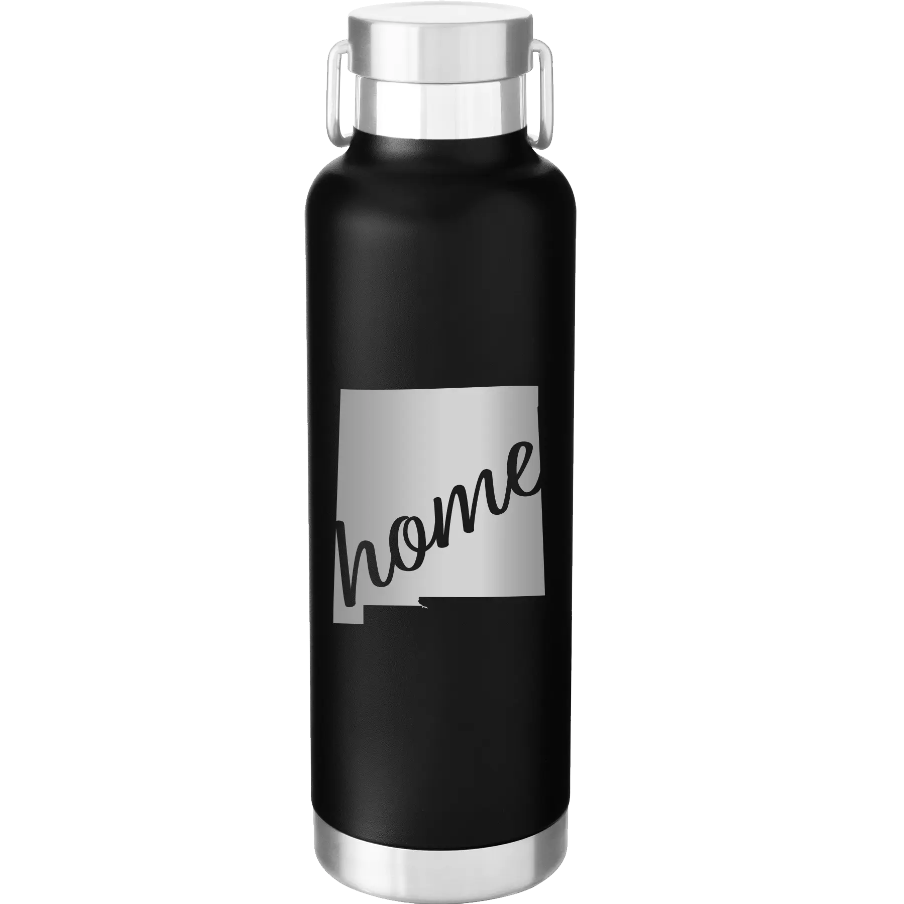 Laser etched black 24 oz vacuum insulated water bottle with 'New Mexico home' design