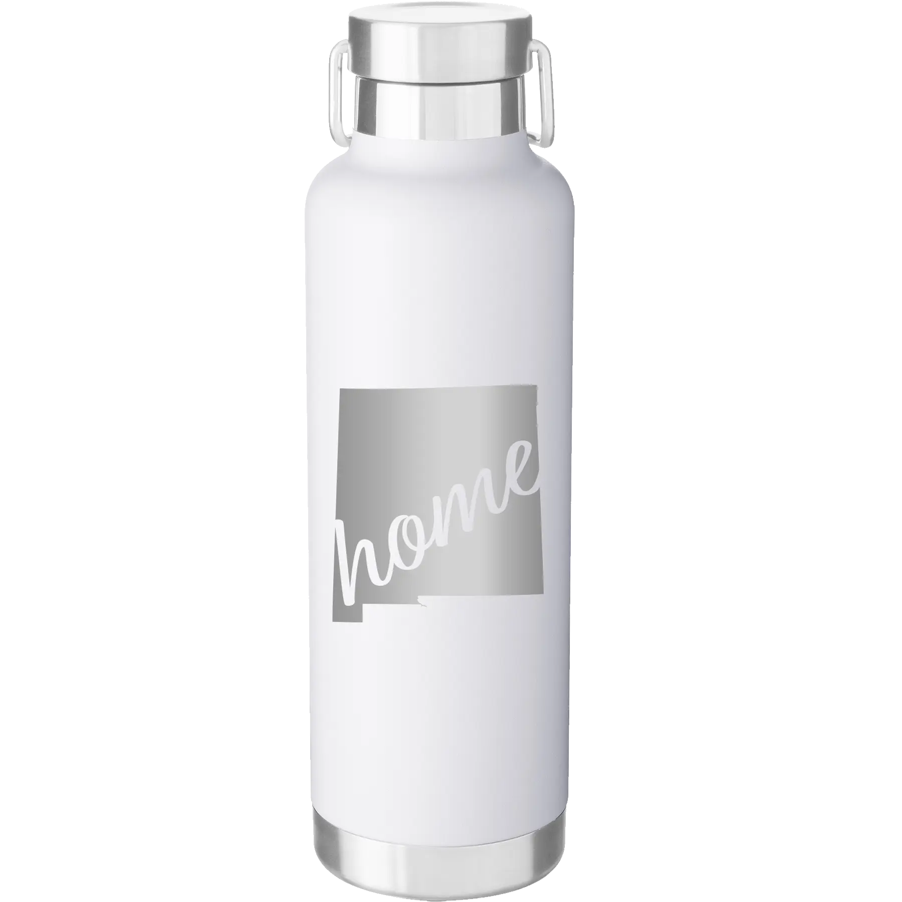 Laser etched white 24 oz vacuum insulated water bottle with 'New Mexico home' design