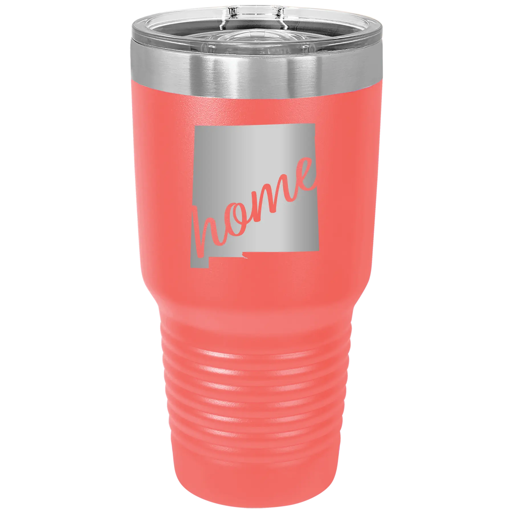 Laser etched coral 30 oz vacuum insulated tumbler with 'New Mexico home' design