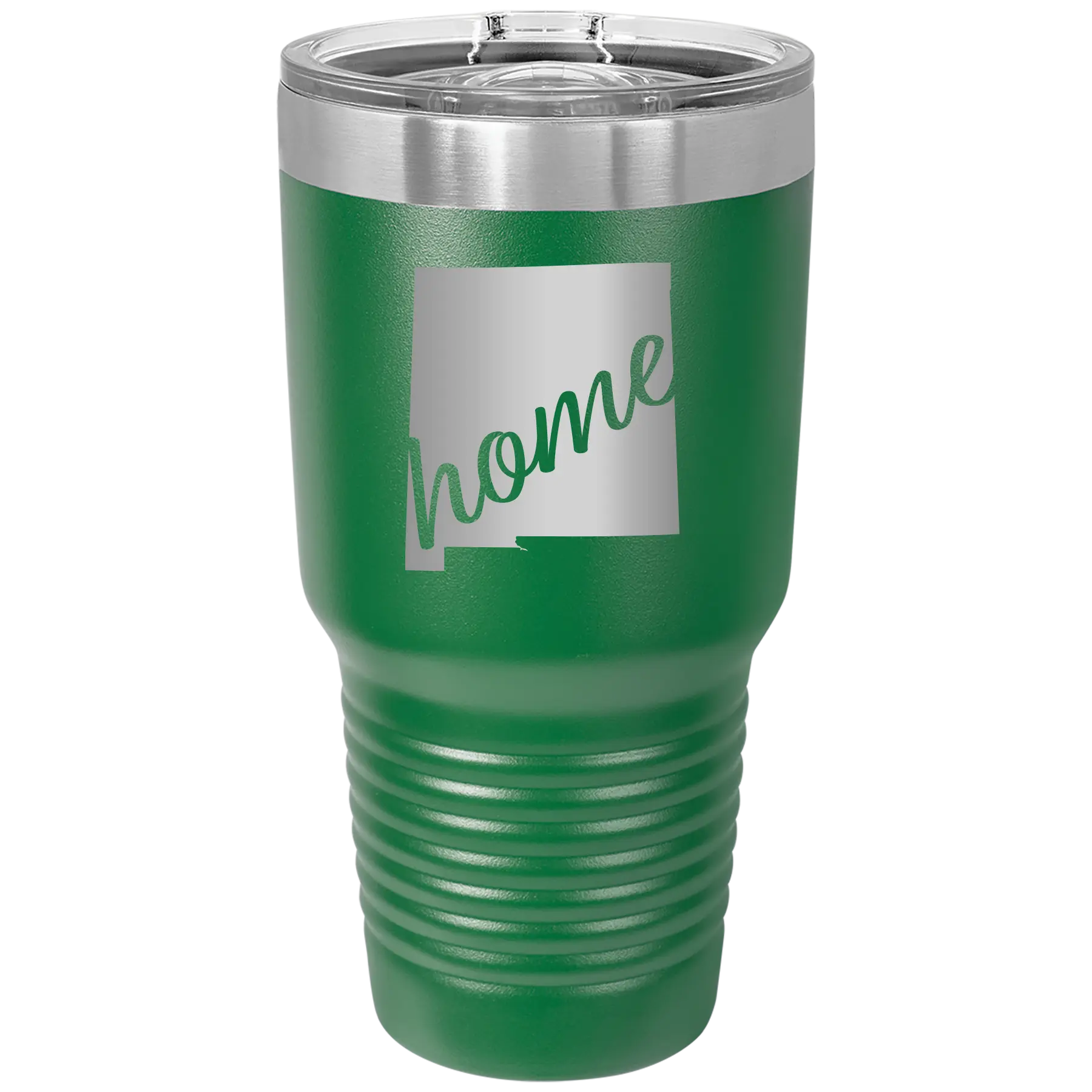 Laser etched green 30 oz vacuum insulated tumbler with 'New Mexico home' design