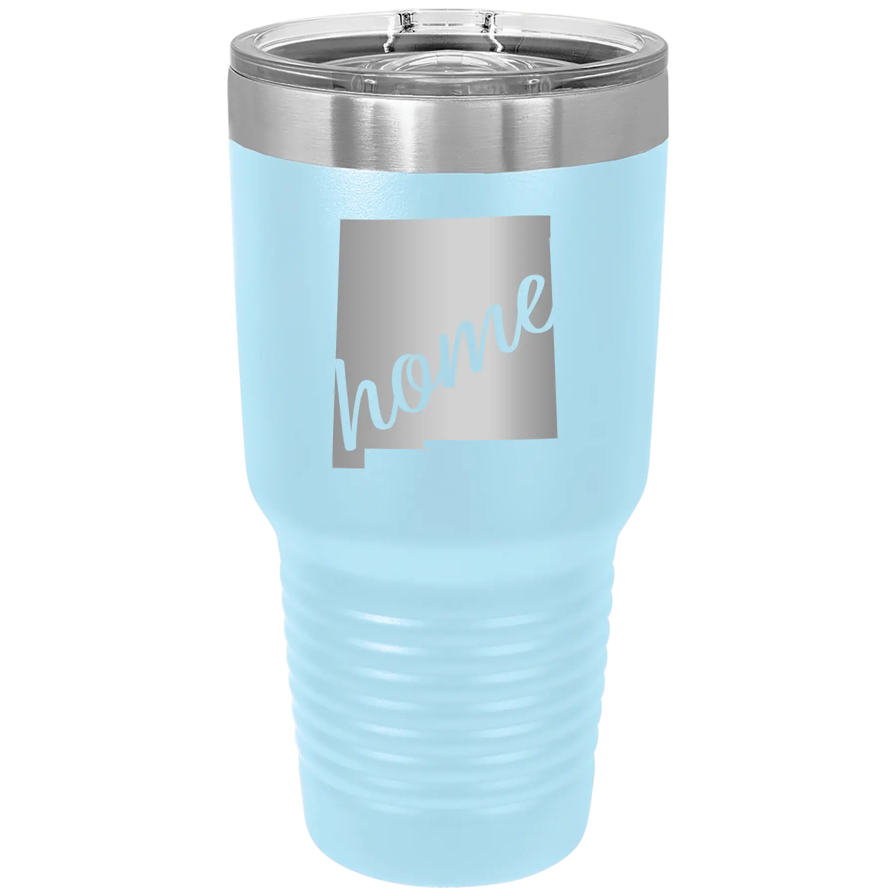 Laser etched light blue 30 oz vacuum insulated tumbler with 'New Mexico home' design