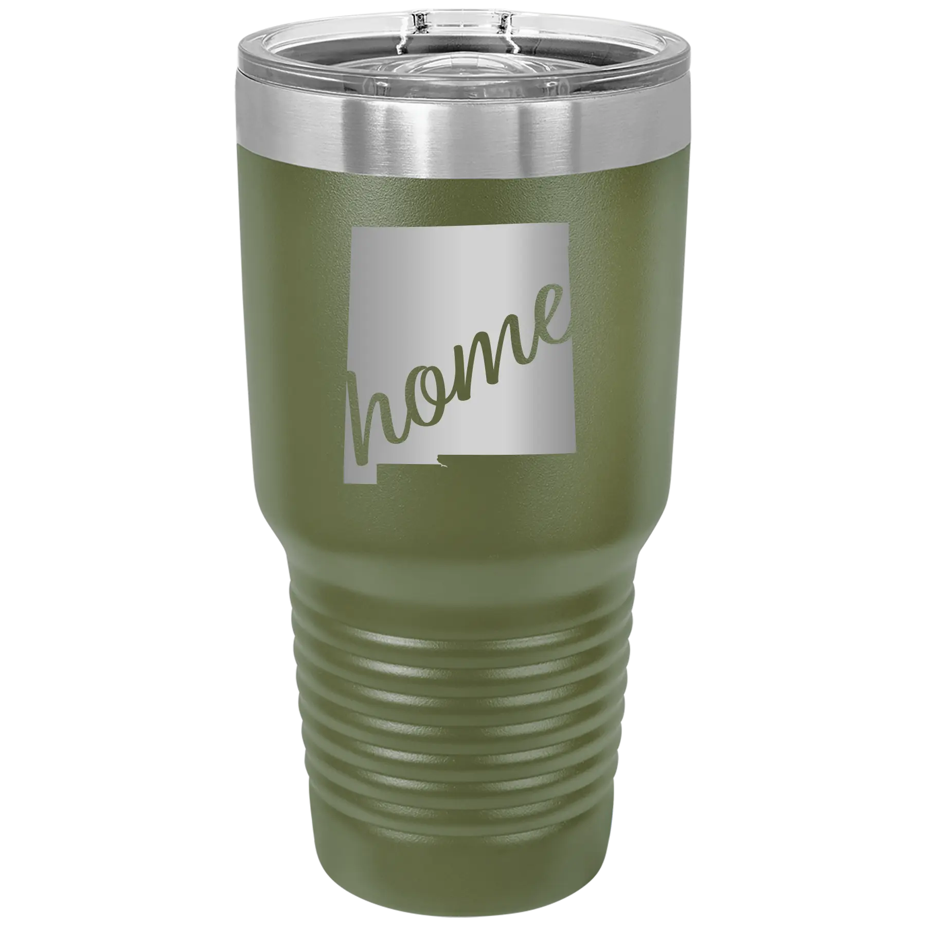 Laser etched olive green 30 oz vacuum insulated tumbler with 'New Mexico home' design