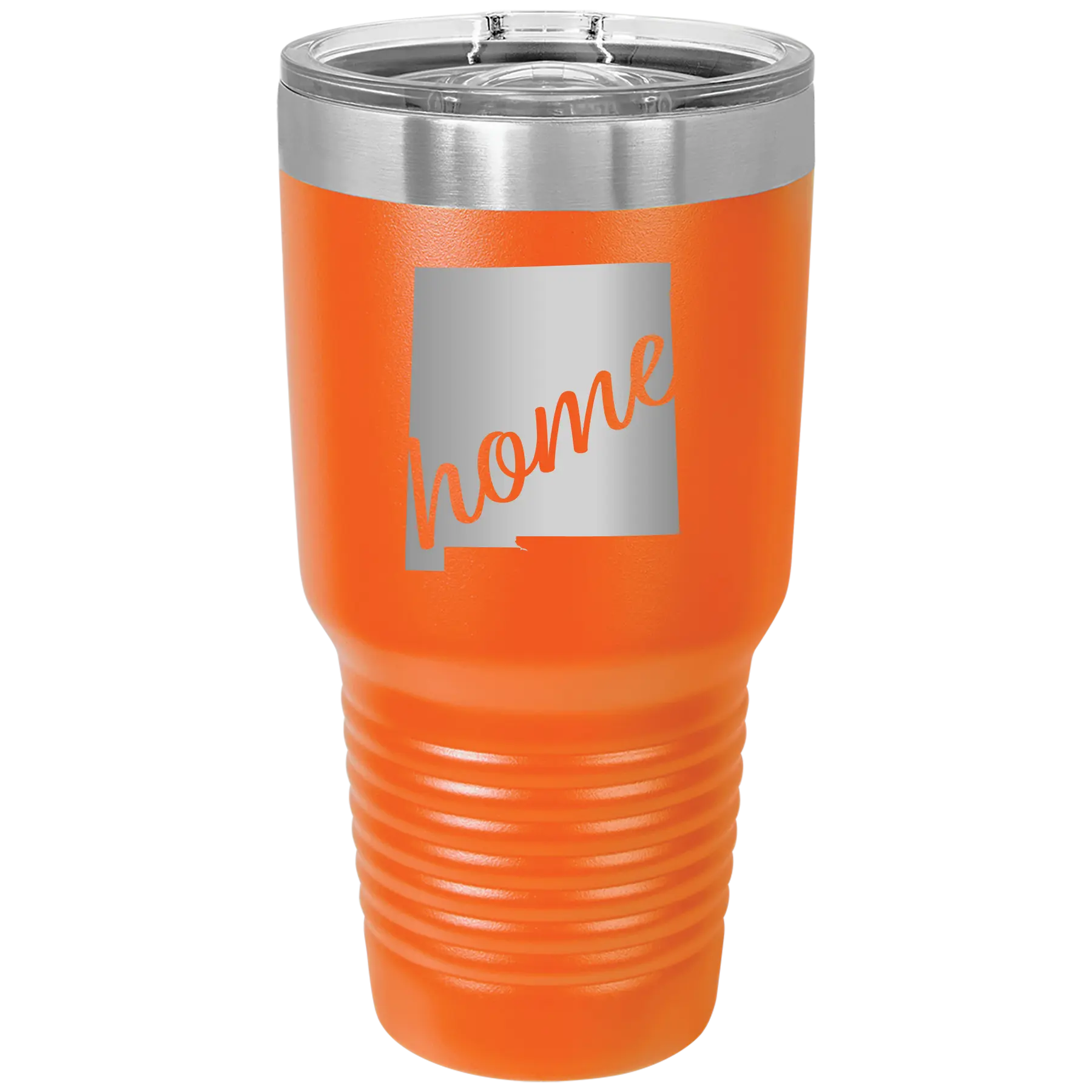 Laser etched orange 30 oz vacuum insulated tumbler with 'New Mexico home' design