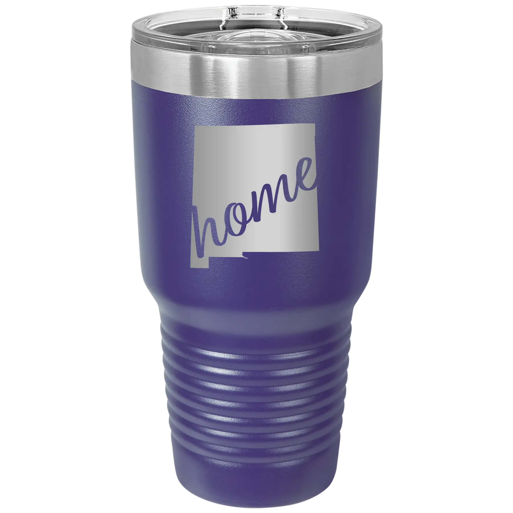 Laser etched purple 30 oz vacuum insulated tumbler with 'New Mexico home' design