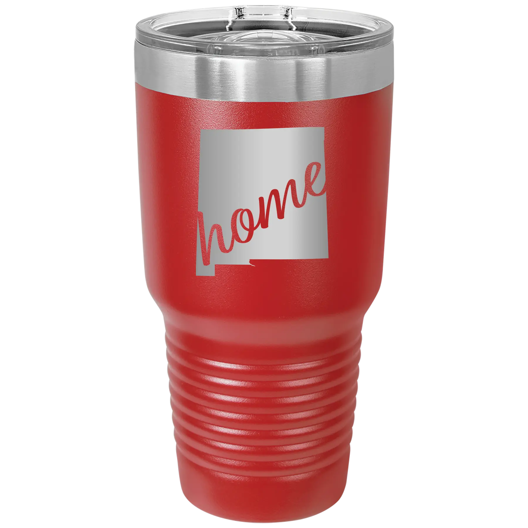 Laser etched red 30 oz vacuum insulated tumbler with 'New Mexico home' design