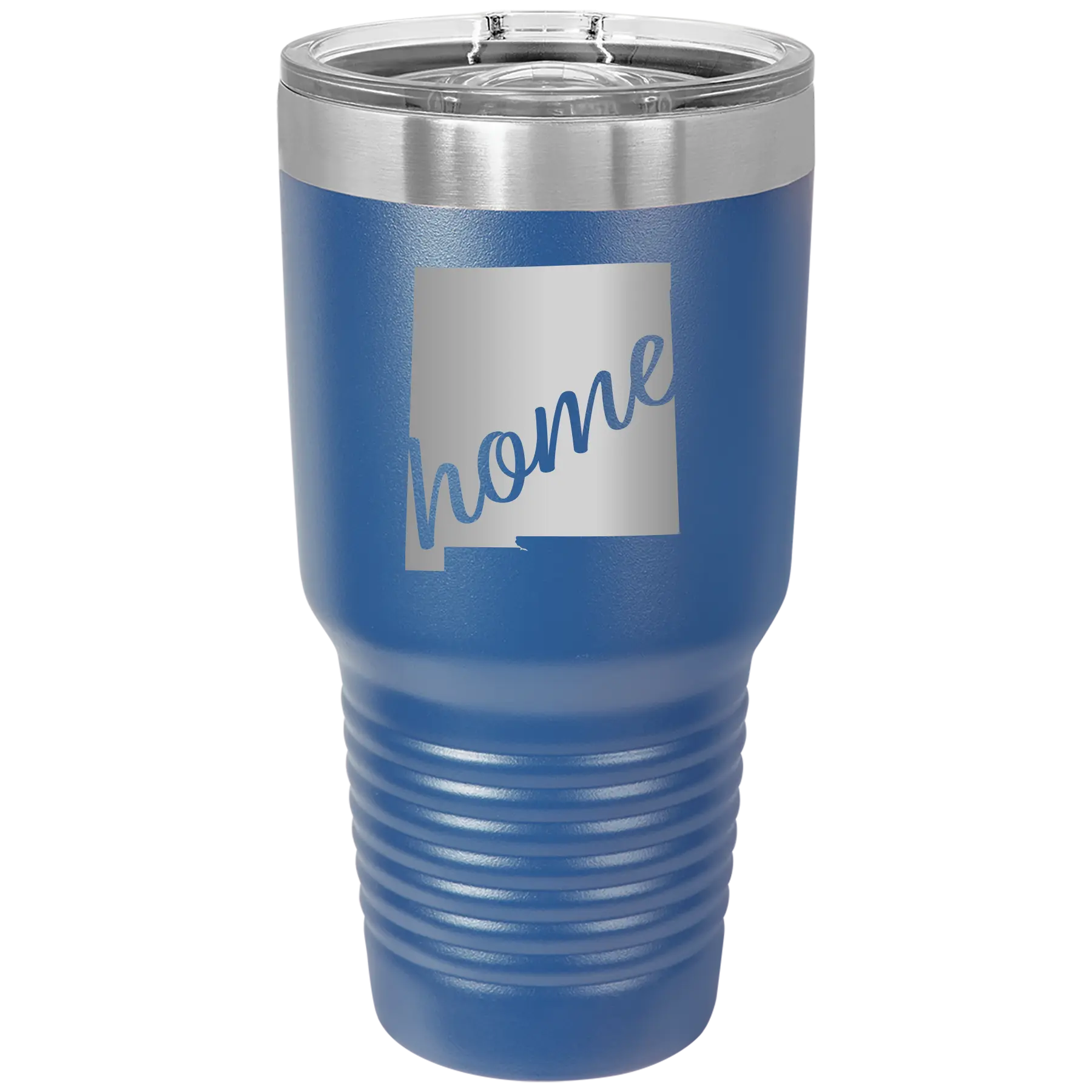 Laser etched royal blue 30 oz vacuum insulated tumbler with 'New Mexico home' design