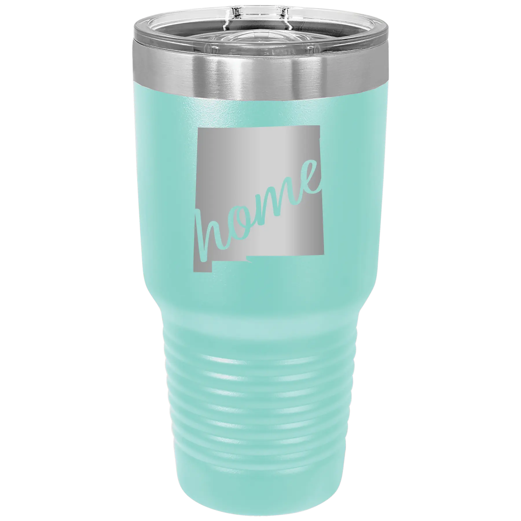 Laser etched teal 30 oz vacuum insulated tumbler with 'New Mexico home' design