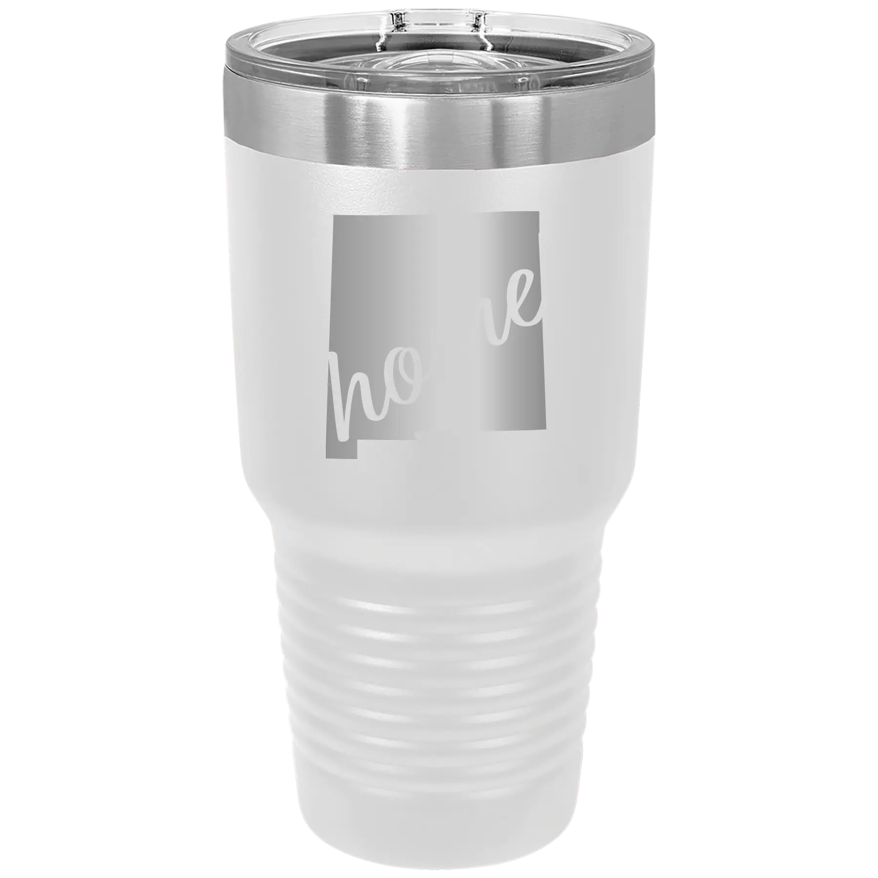 Laser etched white 30 oz vacuum insulated tumbler with 'New Mexico home' design