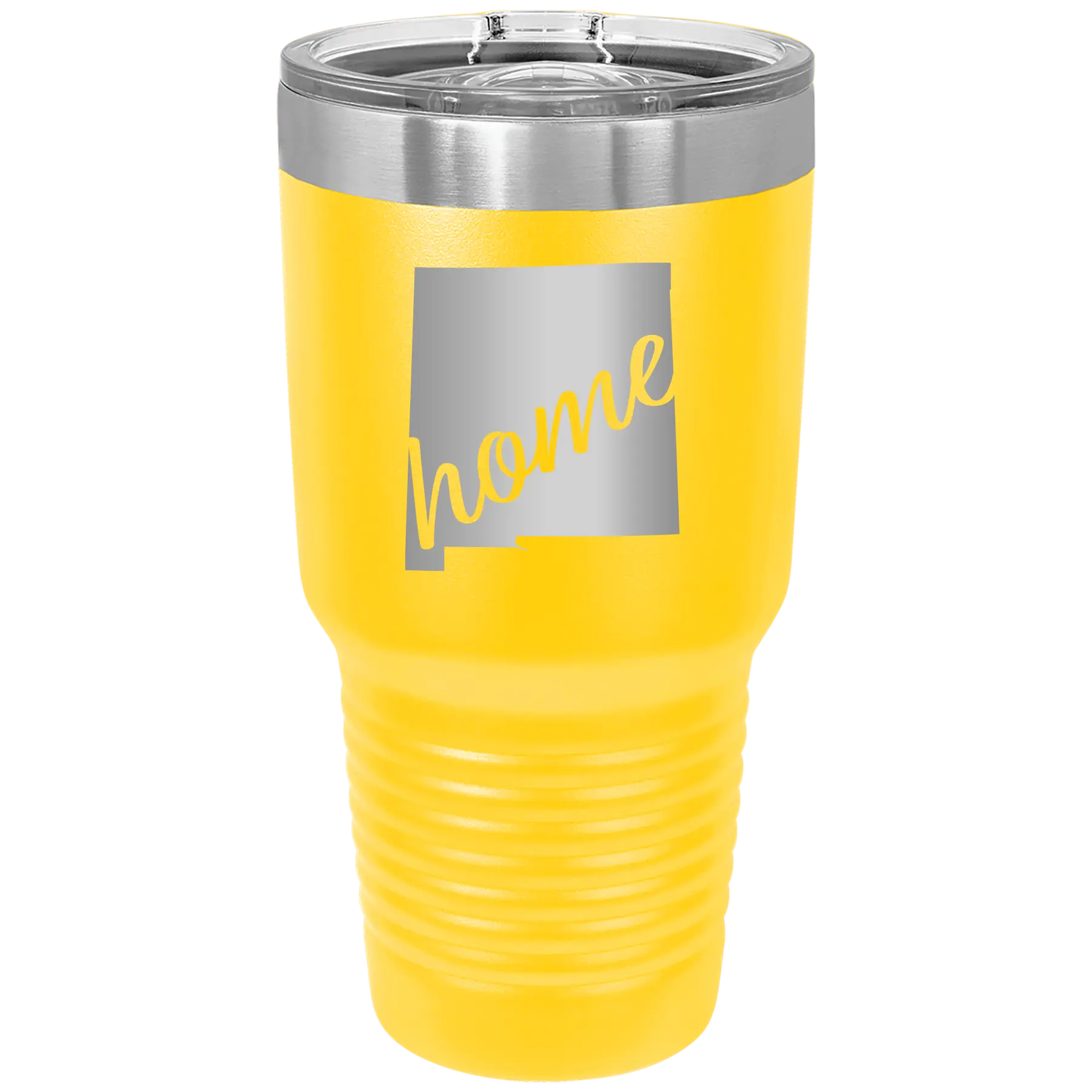 Laser etched yellow 30 oz vacuum insulated tumbler with 'New Mexico home' design