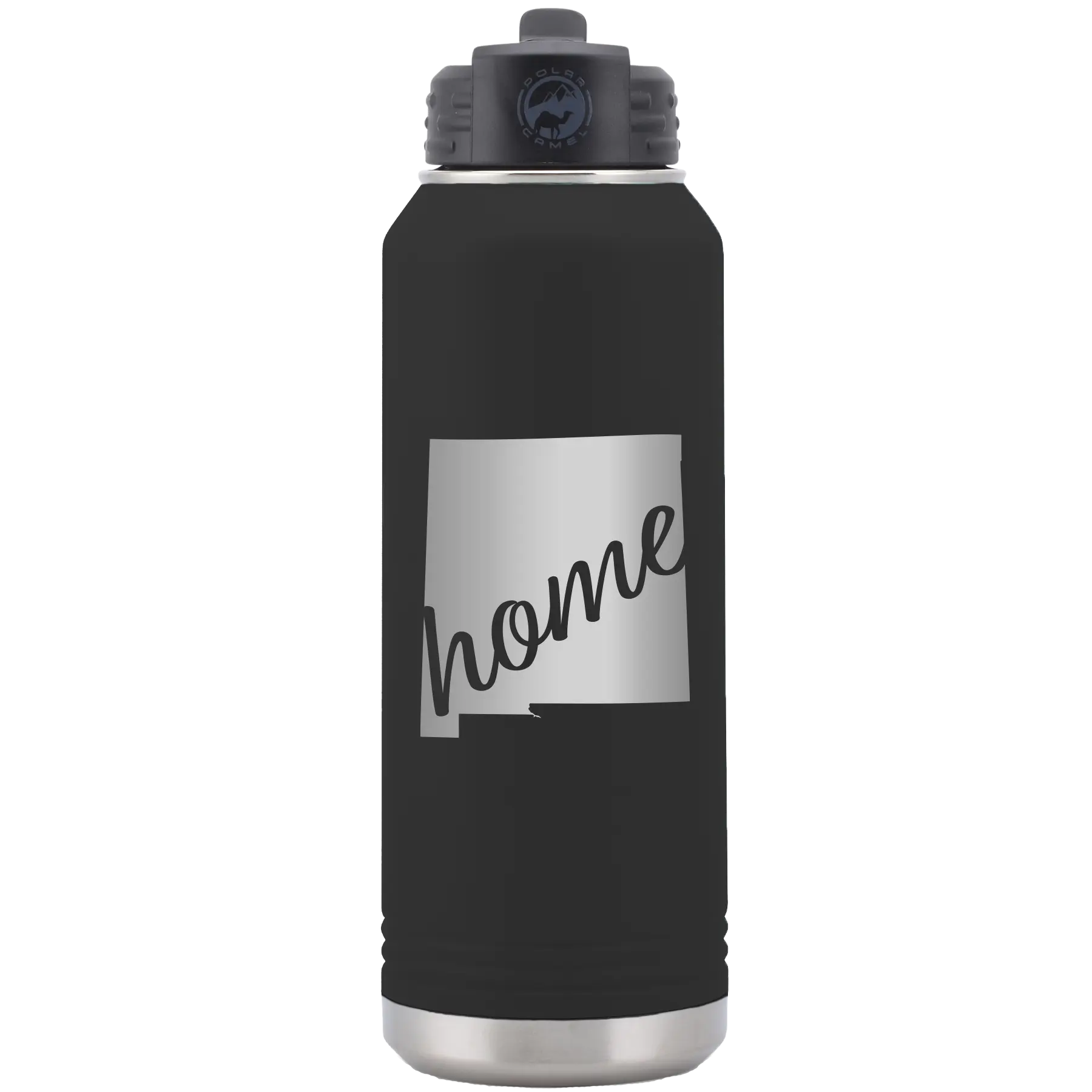 Laser etched black 32 oz vacuum insulated water bottle with 'New Mexico home' design