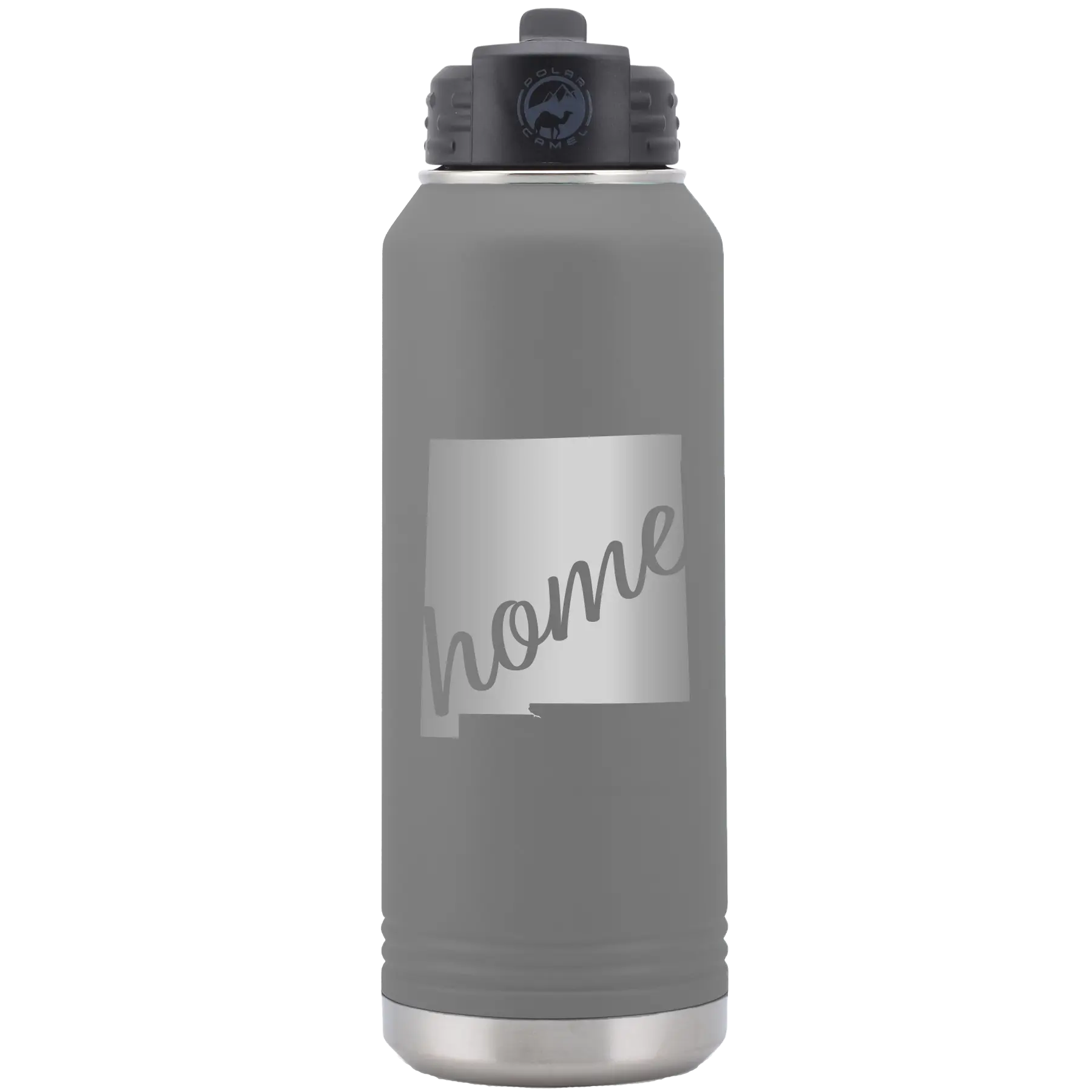 Laser etched dark gray 32 oz vacuum insulated water bottle with 'New Mexico home' design