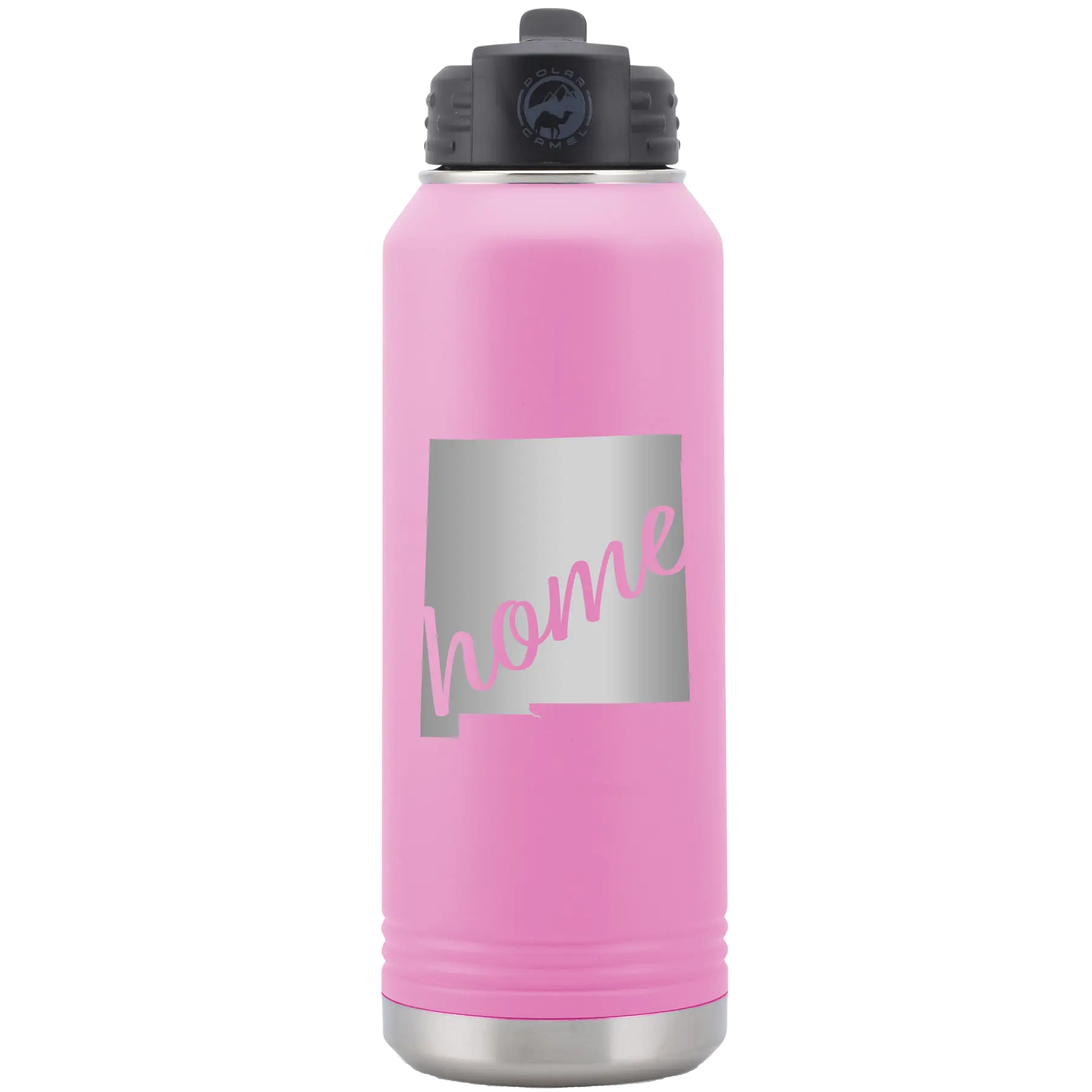 Laser etched light purple 32 oz vacuum insulated water bottle with 'New Mexico home' design