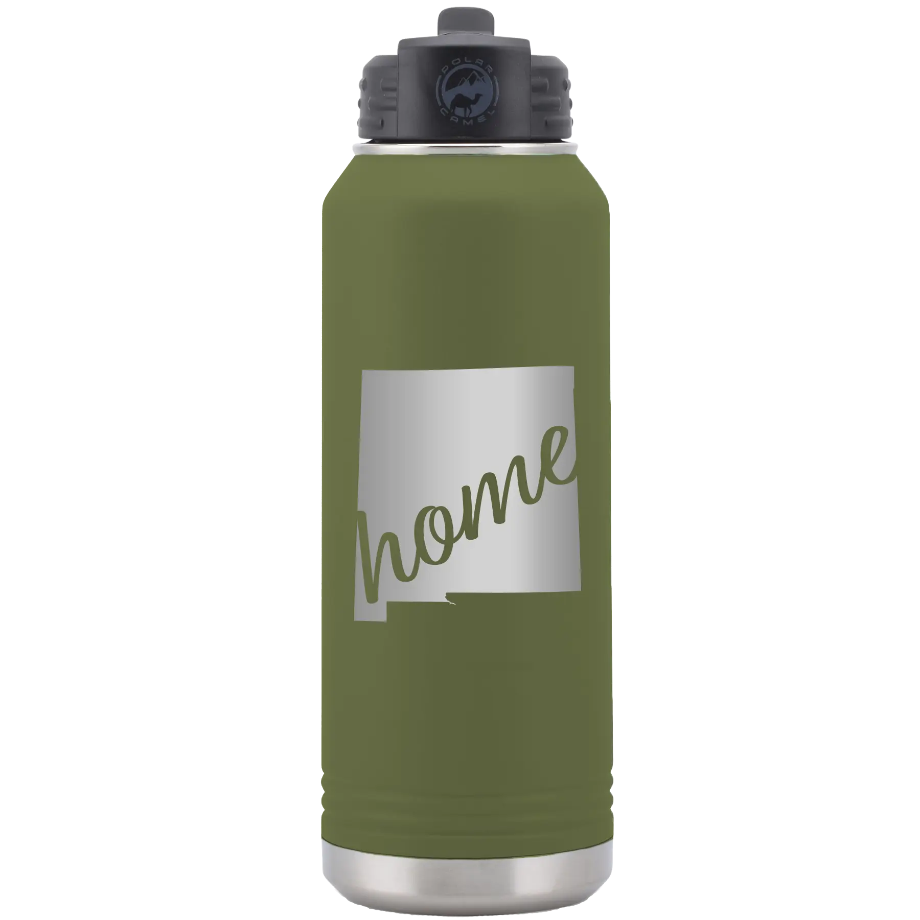 Laser etched olive green 32 oz vacuum insulated water bottle with 'New Mexico home' design
