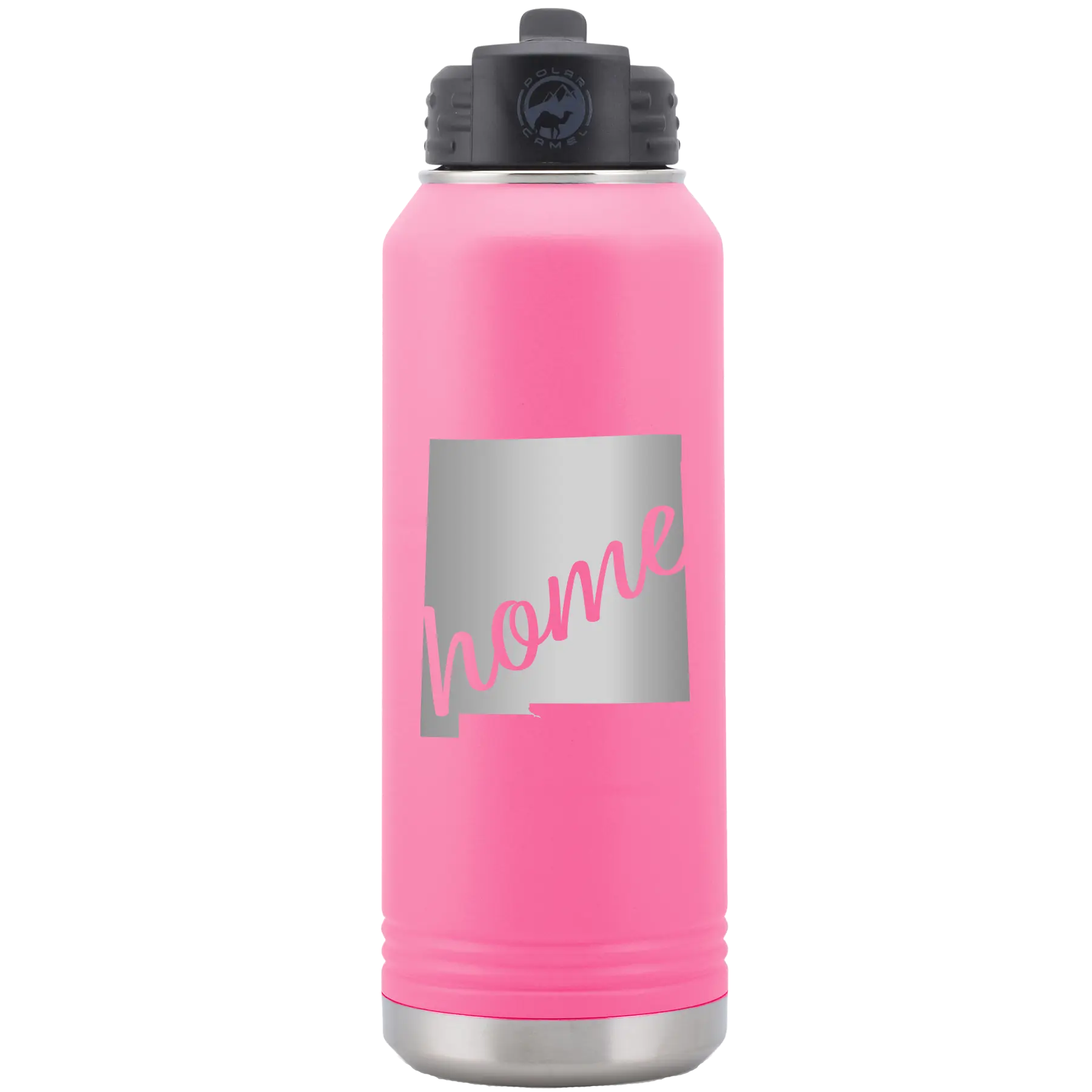Laser etched pink 32 oz vacuum insulated water bottle with 'New Mexico home' design
