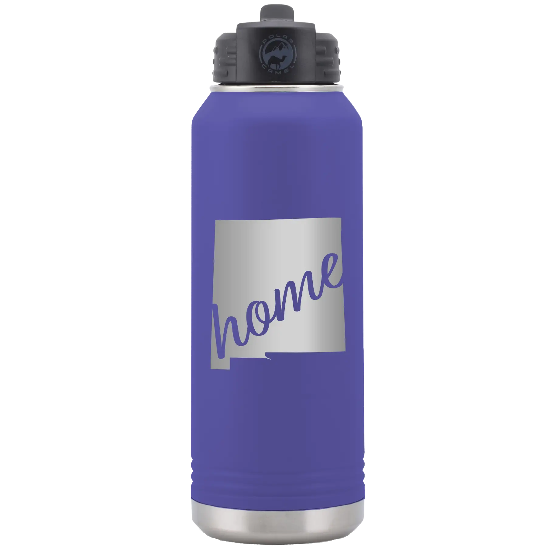 Laser etched purple 32 oz vacuum insulated water bottle with 'New Mexico home' design