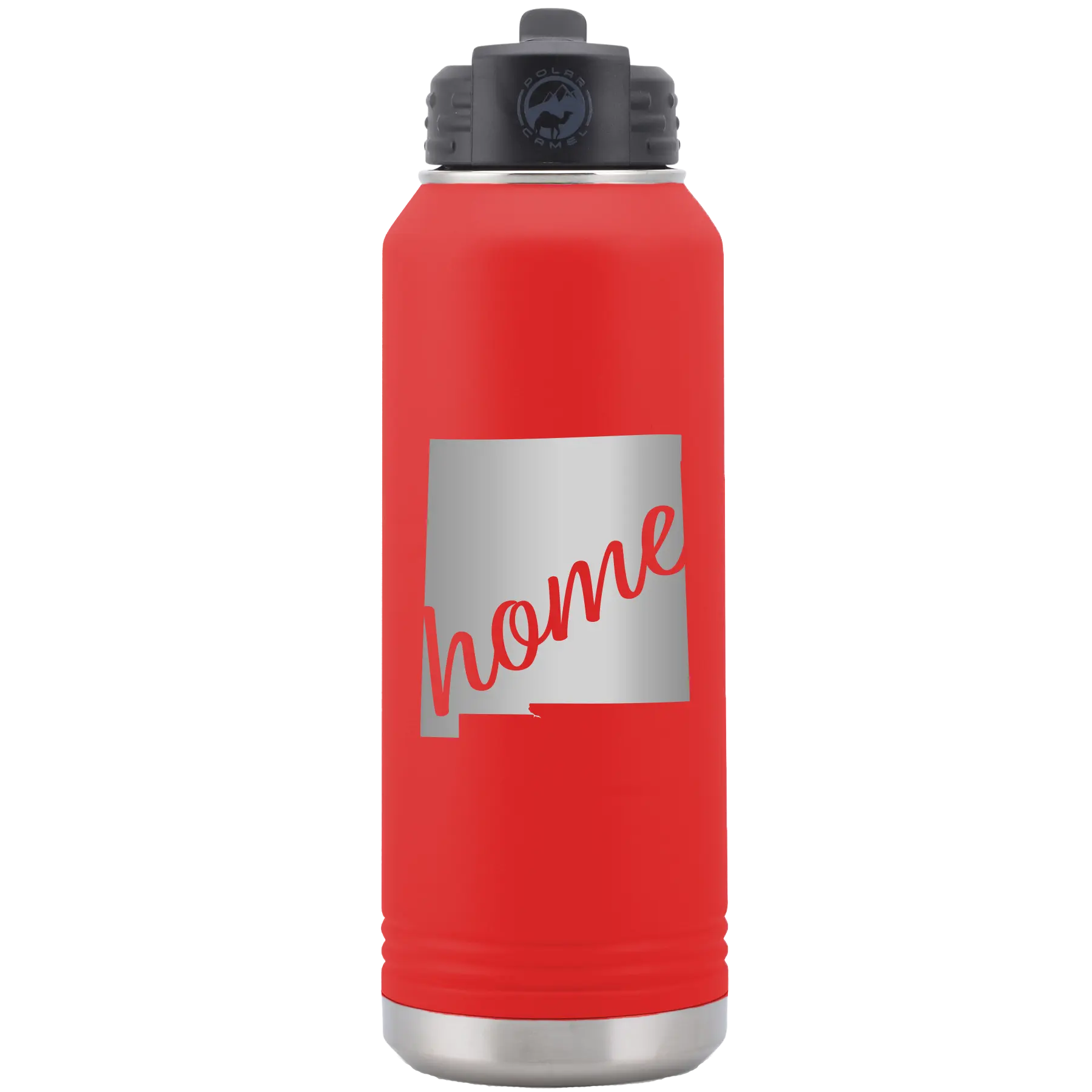 Laser etched red 32 oz vacuum insulated water bottle with 'New Mexico home' design