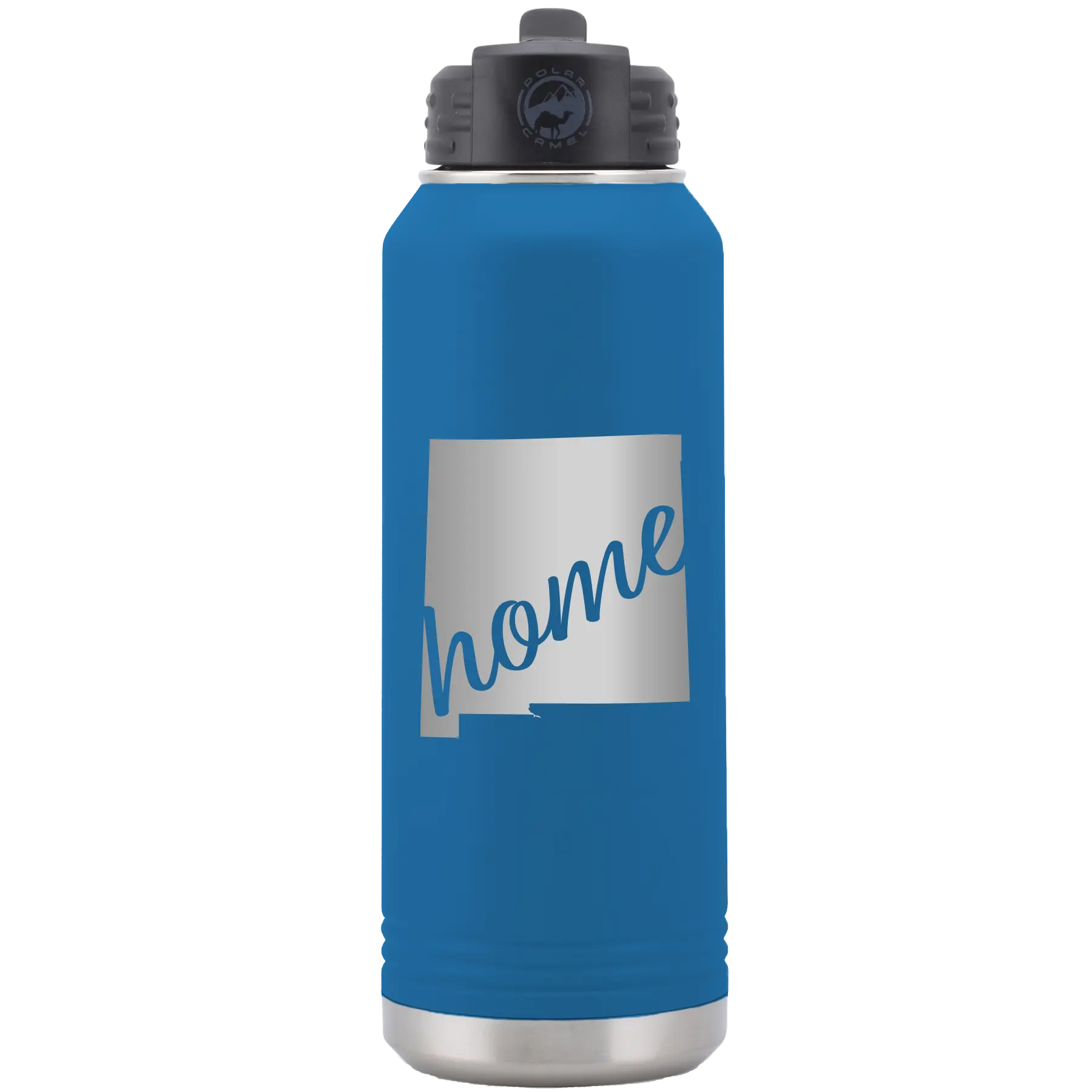 Laser etched royal blue 32 oz vacuum insulated water bottle with 'New Mexico home' design