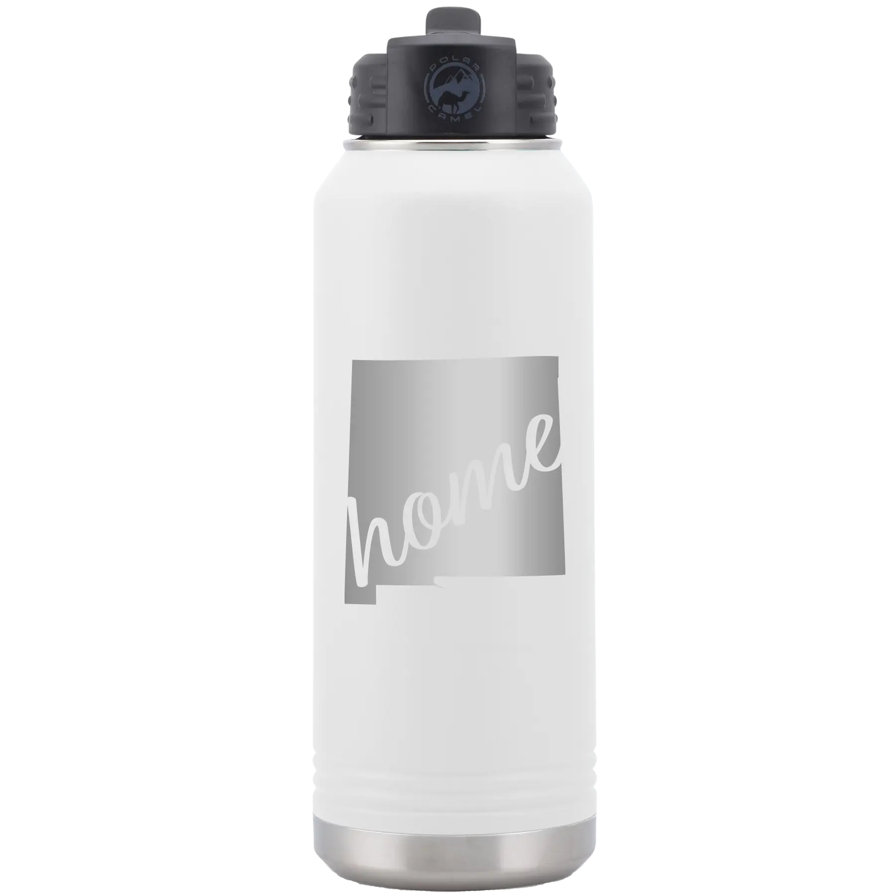 Laser etched white 32 oz vacuum insulated water bottle with 'New Mexico home' design