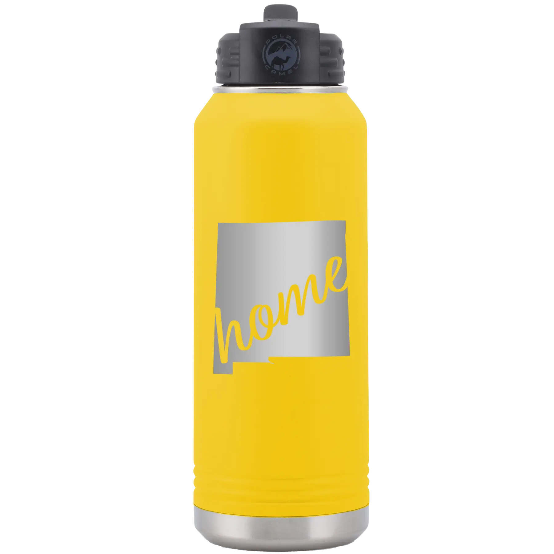 Laser etched yellow 32 oz vacuum insulated water bottle with 'New Mexico home' design